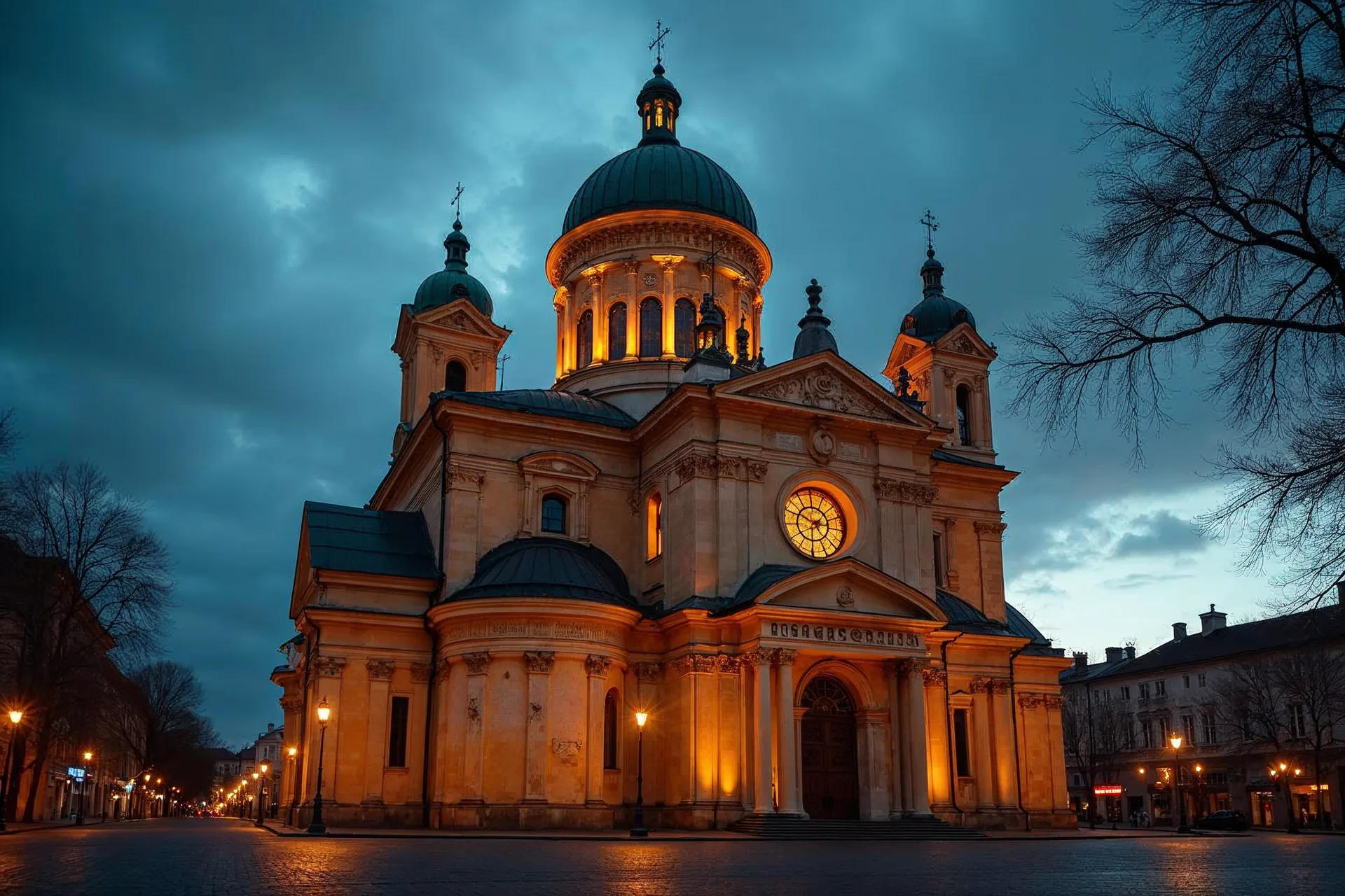 Barok facade af en kirke i Vilnius med rigt udsmykkede detaljer