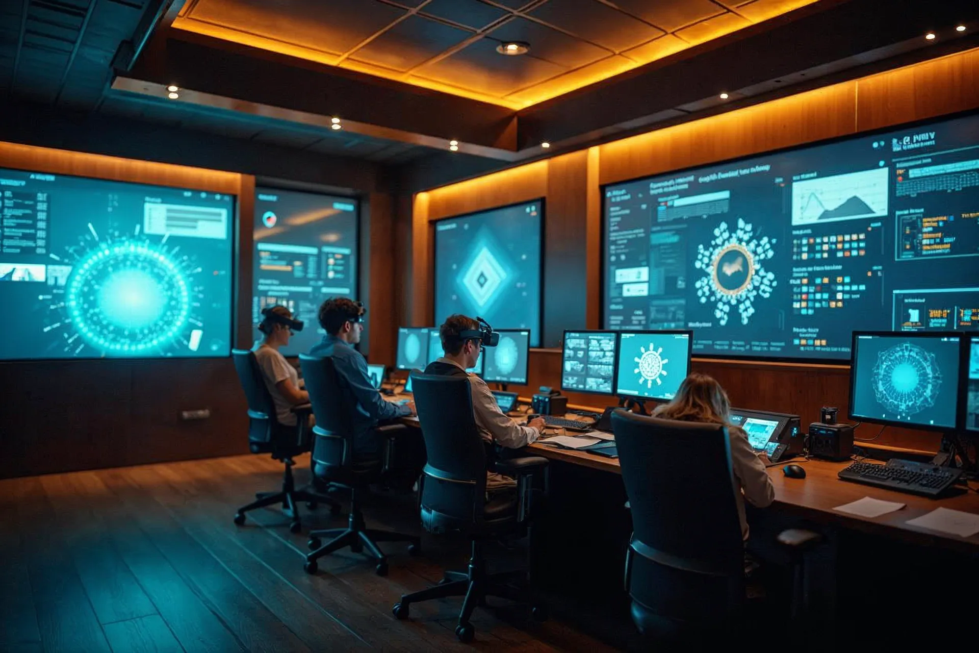 Interieur van een VR-controlekamer met bedieningselementen en grote schermen