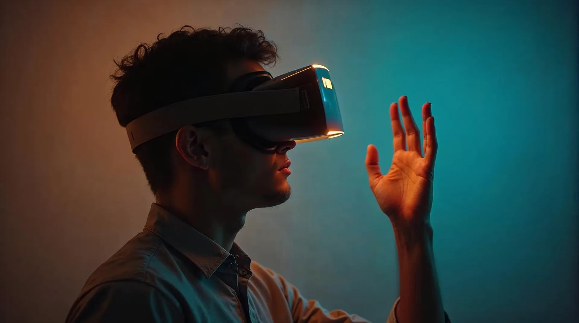 Persoon met VR-bril reikt naar een virtueel object in de ruimte