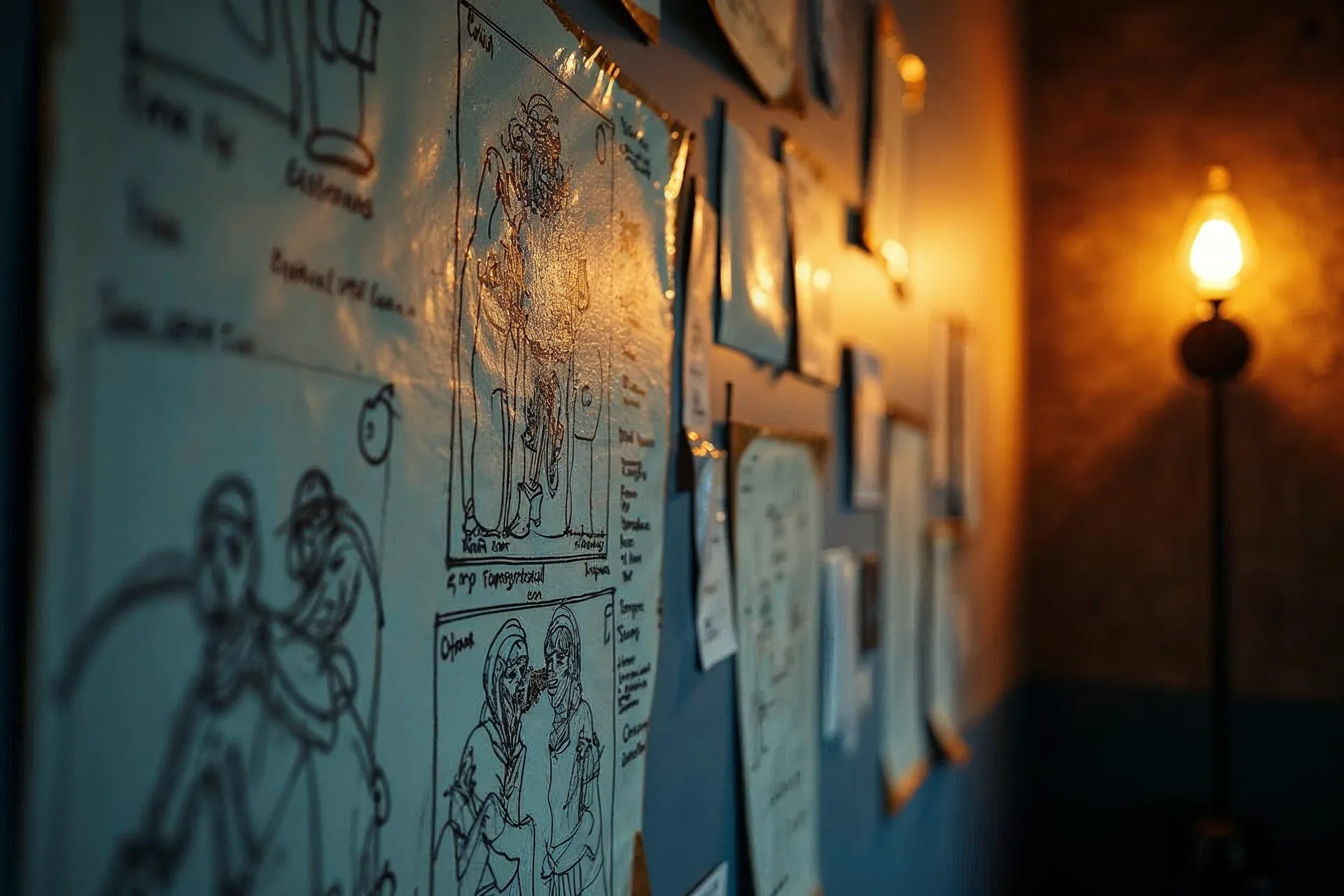 Storyboard sketches on the wall illustrating the scene sequence of a video