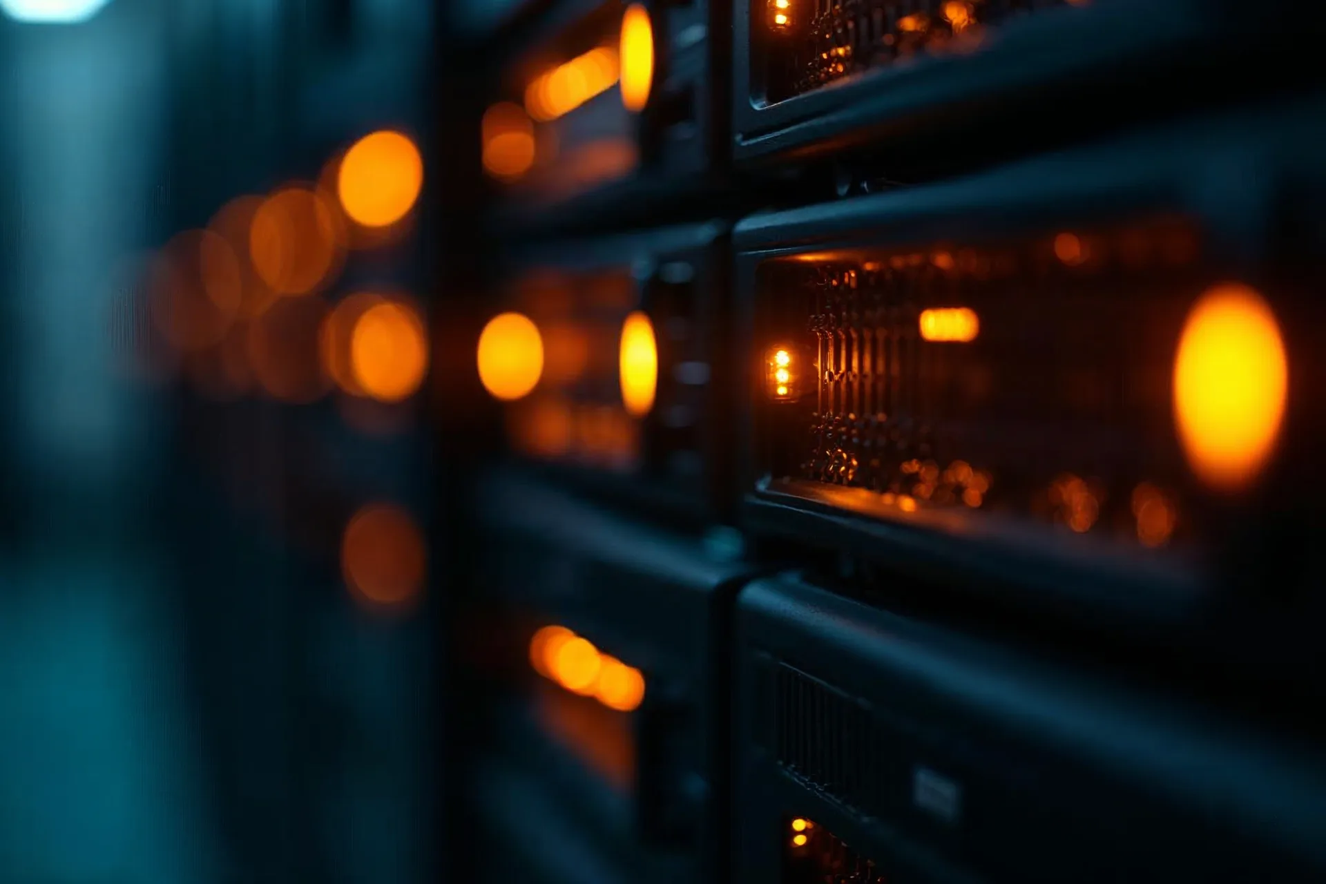 Server rack with blinking LEDs indicating active data processing and network activity.