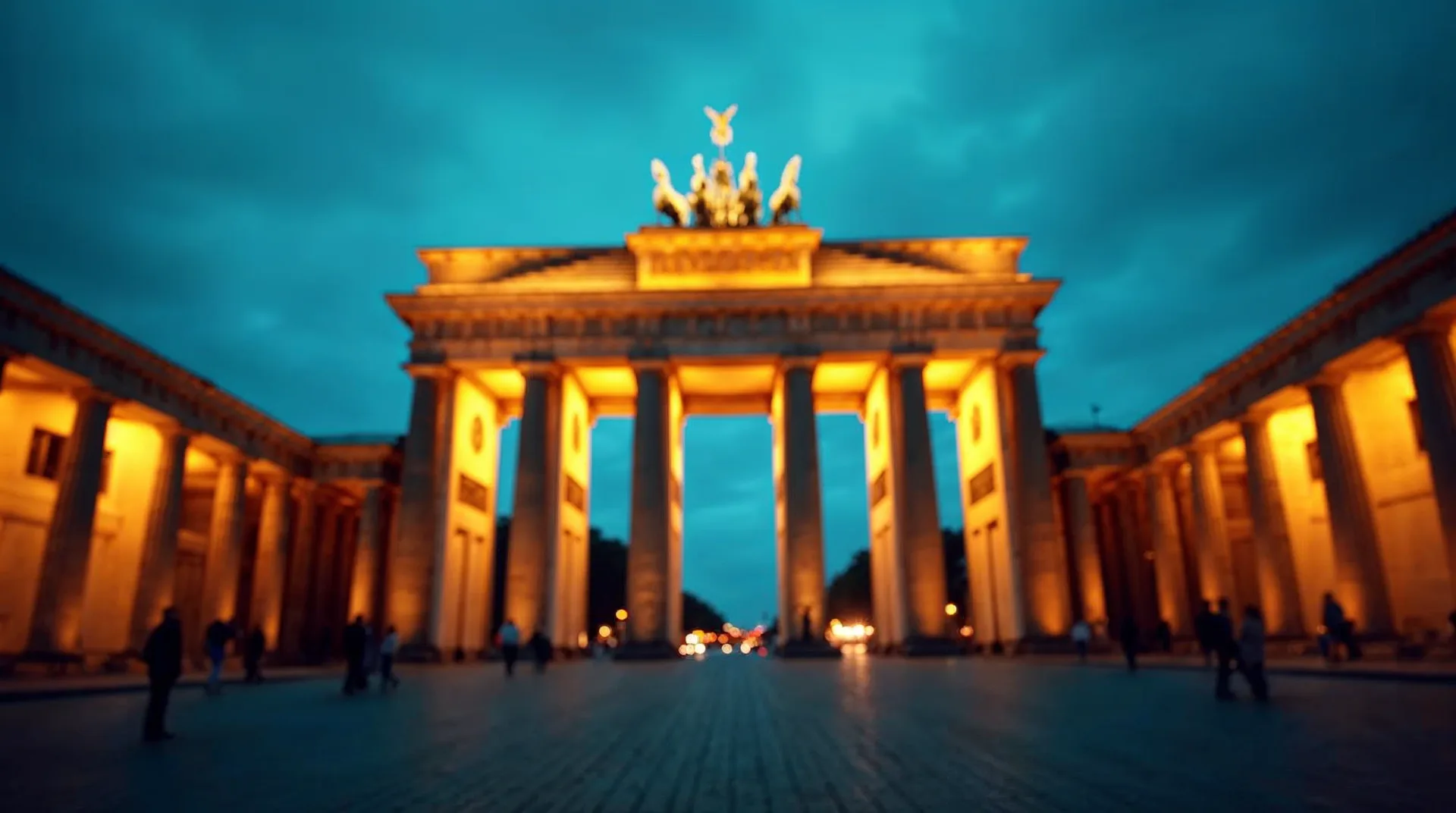 Brandenburgi värav Berliinis tüüpilise sinise taeva ja turistidega ees.