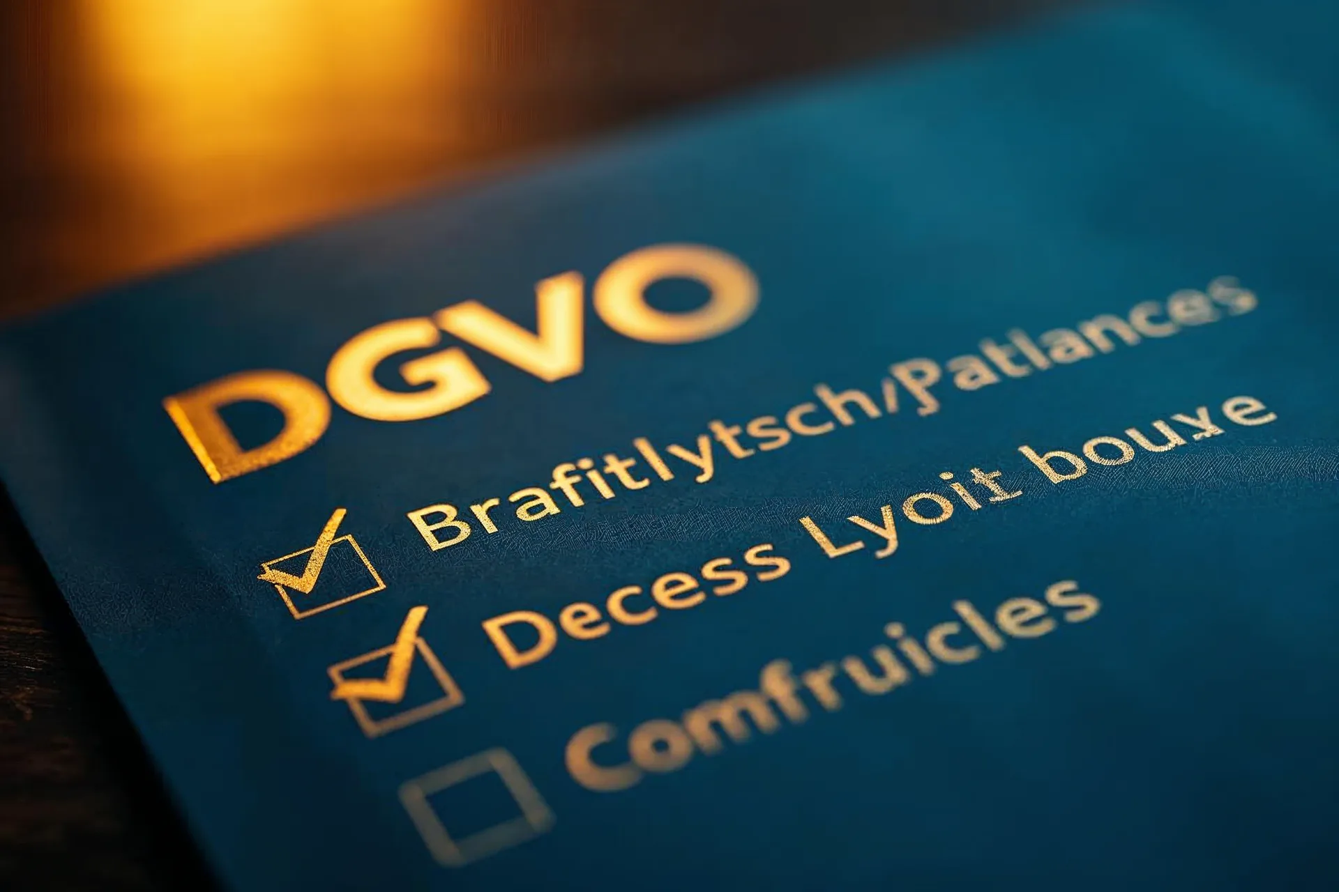 Tjekliste til GDPR-overholdelse med afkrydsede punkter og databeskyttelsesoplysninger.
