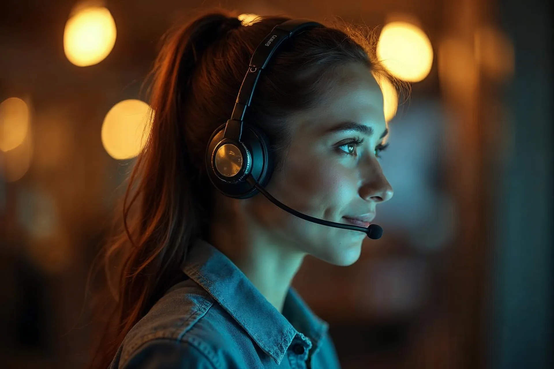 A customer service agent with a headset smiles warmly.