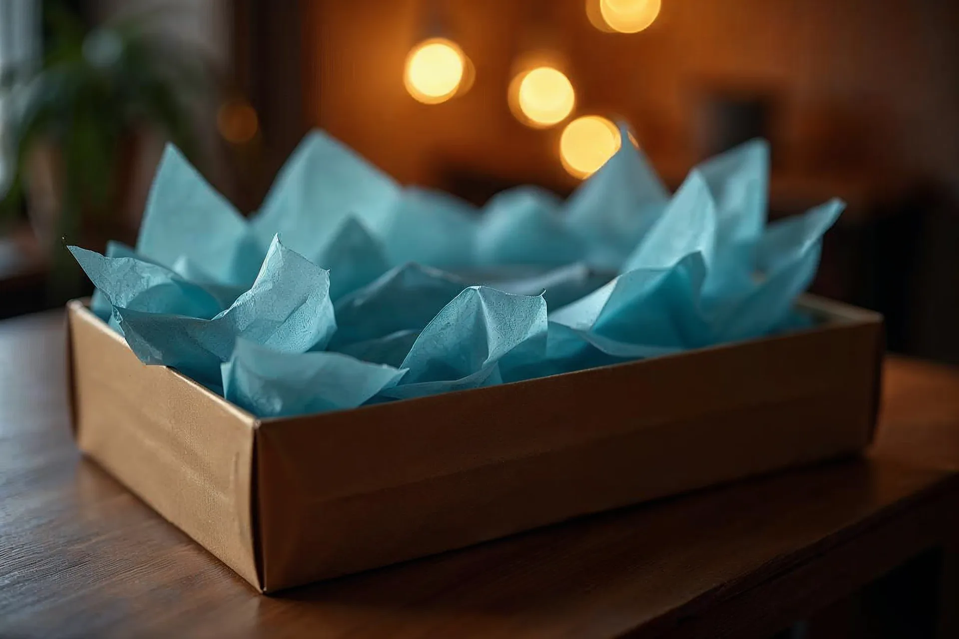 An open box containing tissue paper and a product.