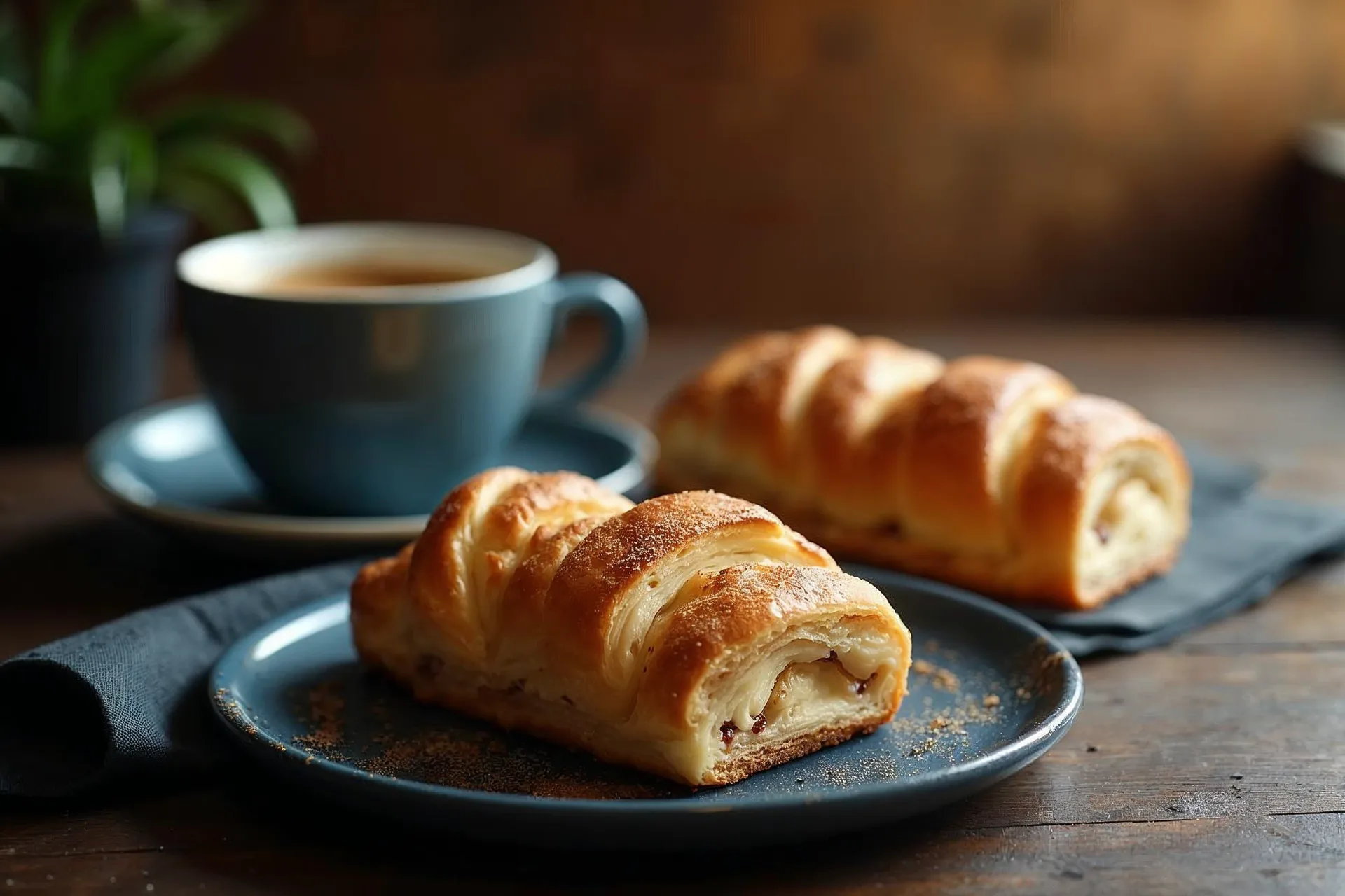 Pastelería danesa y una taza de café en una bandeja minimalista.