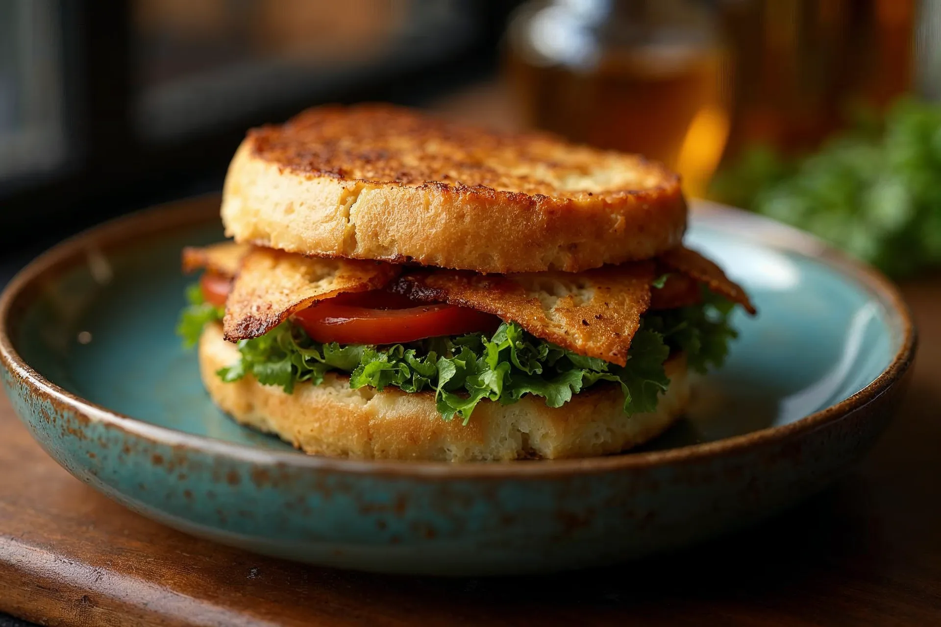 Detalle de un sándwich abierto danés en un plato de cerámica.