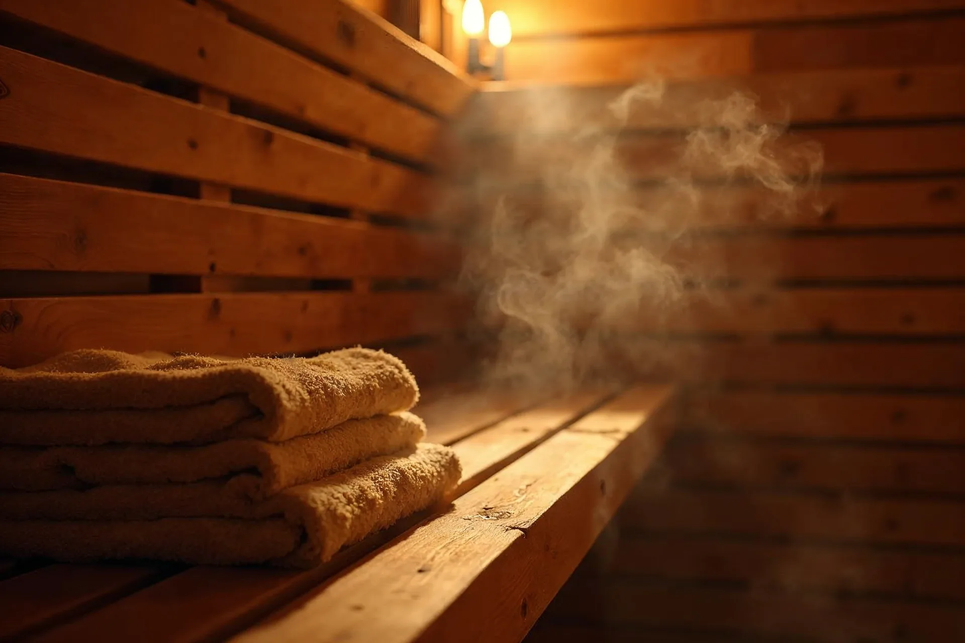 Trædetaljer af en finsk sauna med stigende damp.