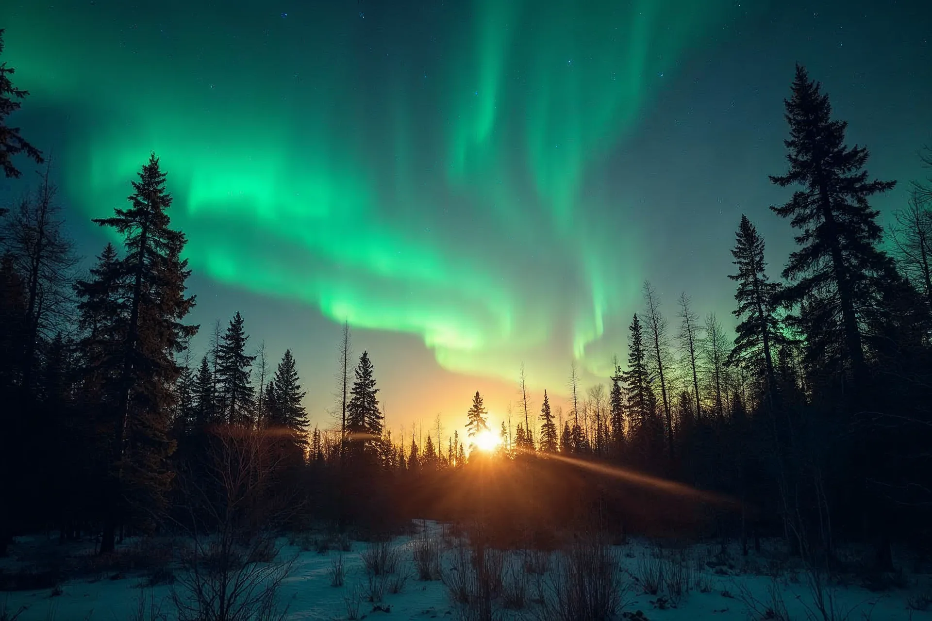 Nordlys lyser over en snedækket finsk skov.