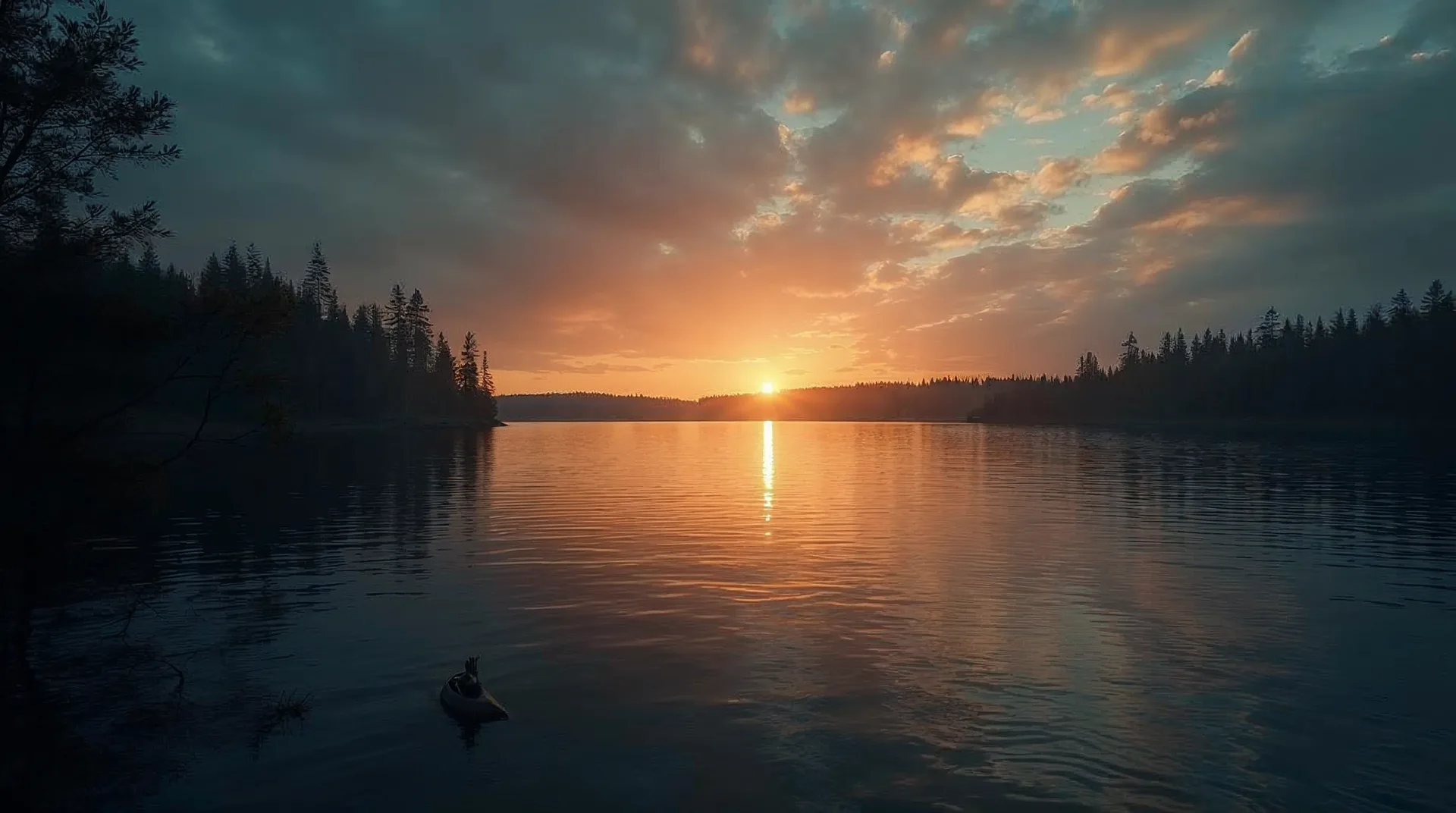 Finsk sølandskab under midnatssolen om sommeren.
