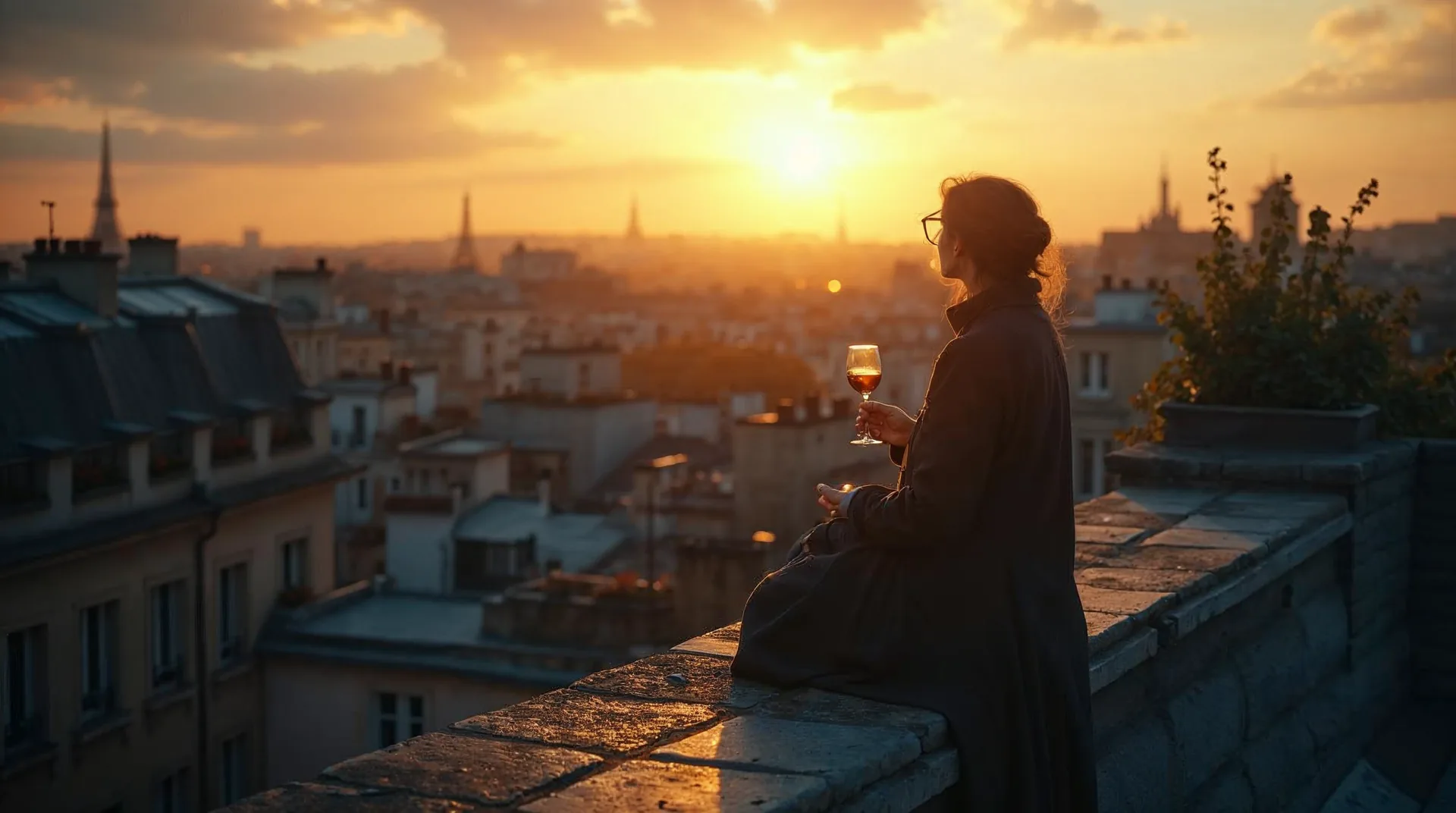 Pařížská střešní krajina ve zlatém večerním světle s výraznými taškovými střechami a komíny.