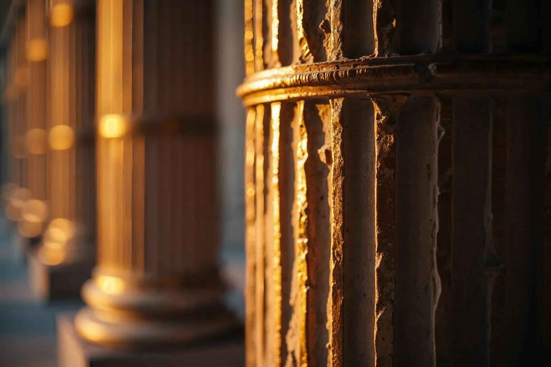 Detalle de una columna griega iluminada por la cálida luz del sol.