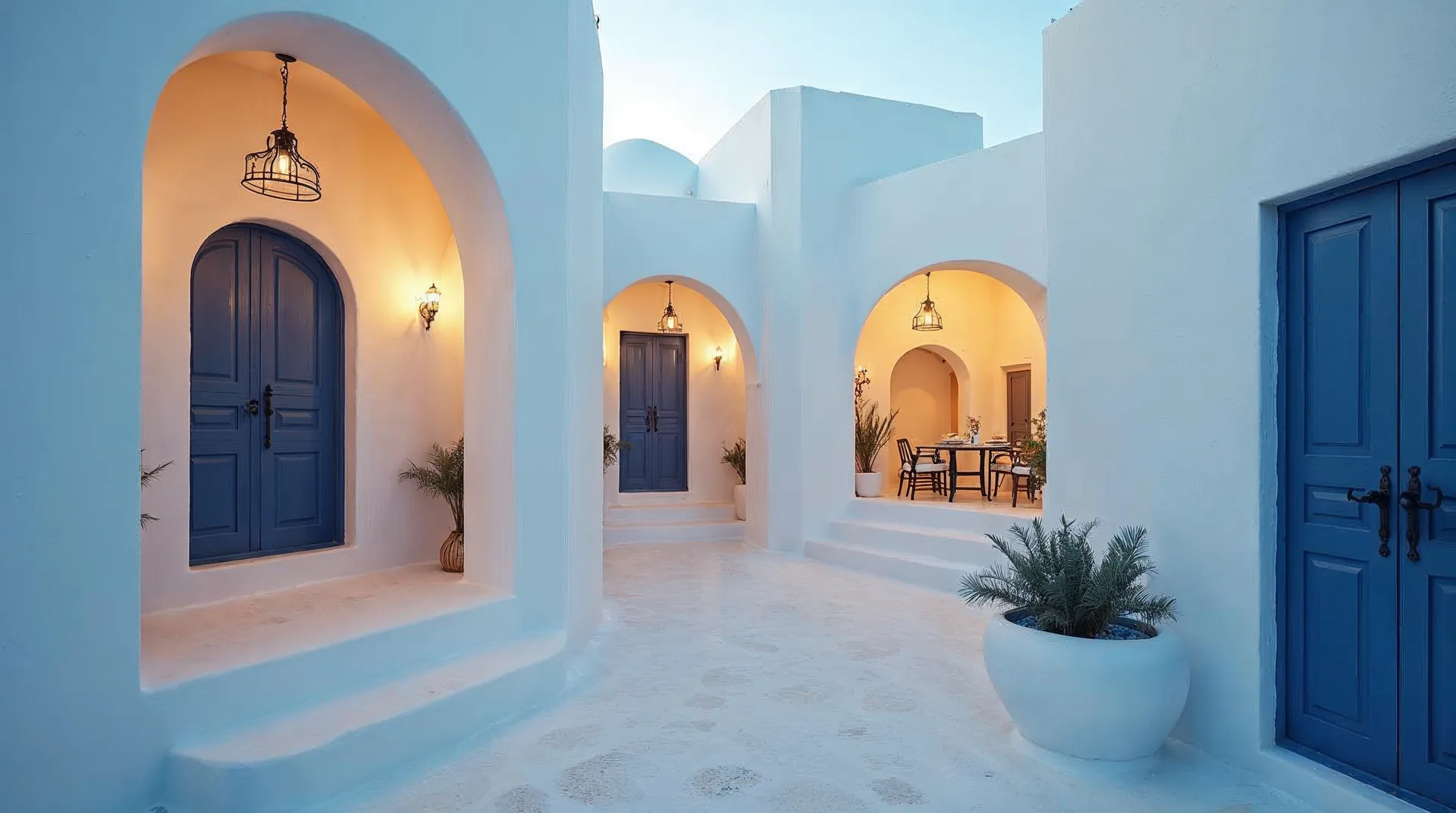 Casas blancas con cúpulas azules en Santorini frente a un cielo despejado.