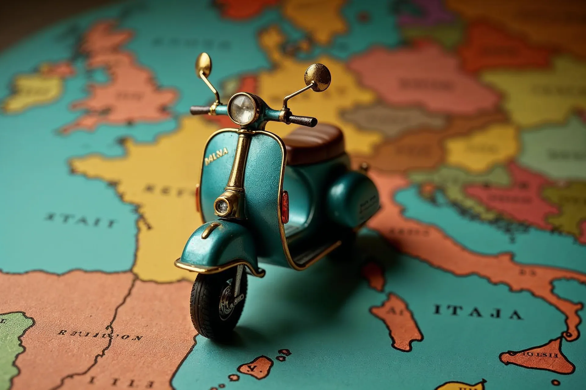 Μπρούτζινη μινιατούρα Vespa σε χάρτη Ιταλίας ως διακοσμητικό ταξιδιωτικό αντικείμενο.