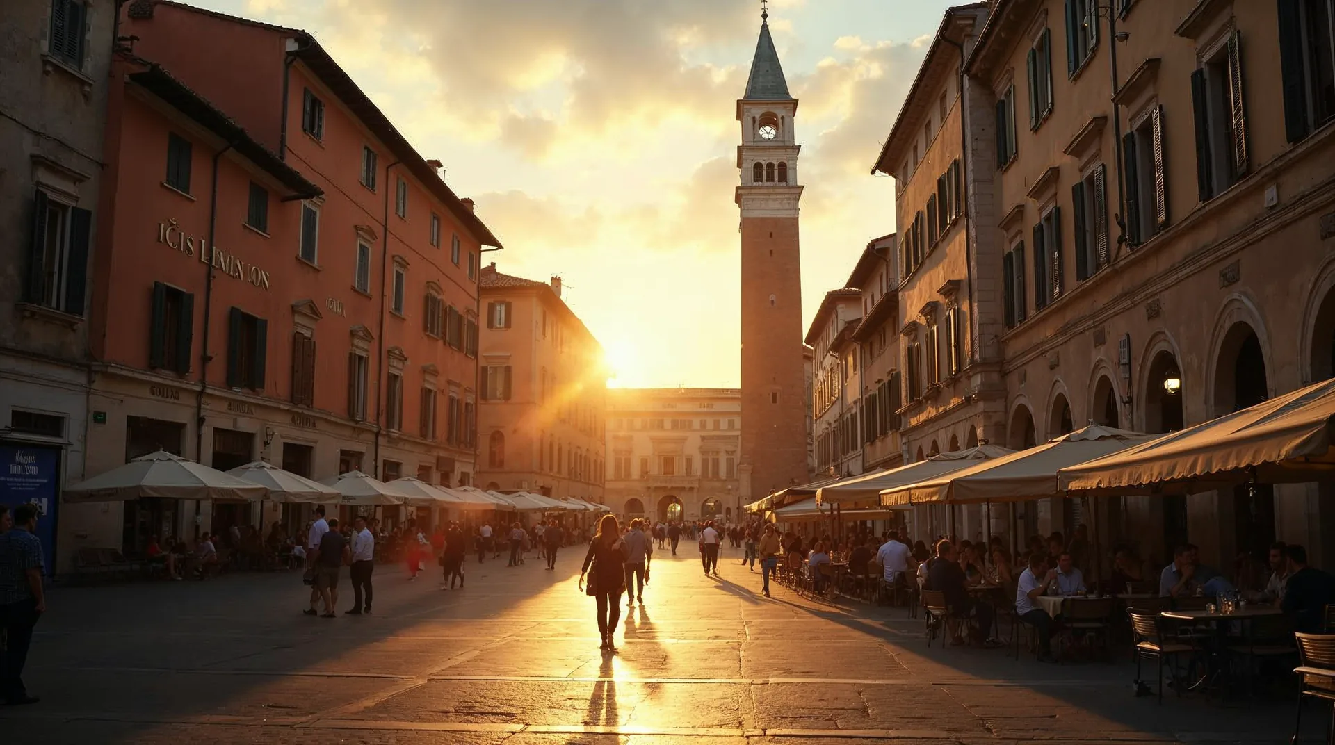Italiaans plein met historisch gebouw en warm goudlicht 's avonds.