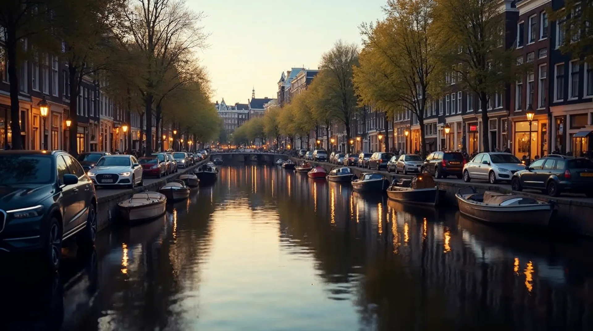 Amsterdamse grachtenpanden met spiegelingen in het rustige kanaalwater.