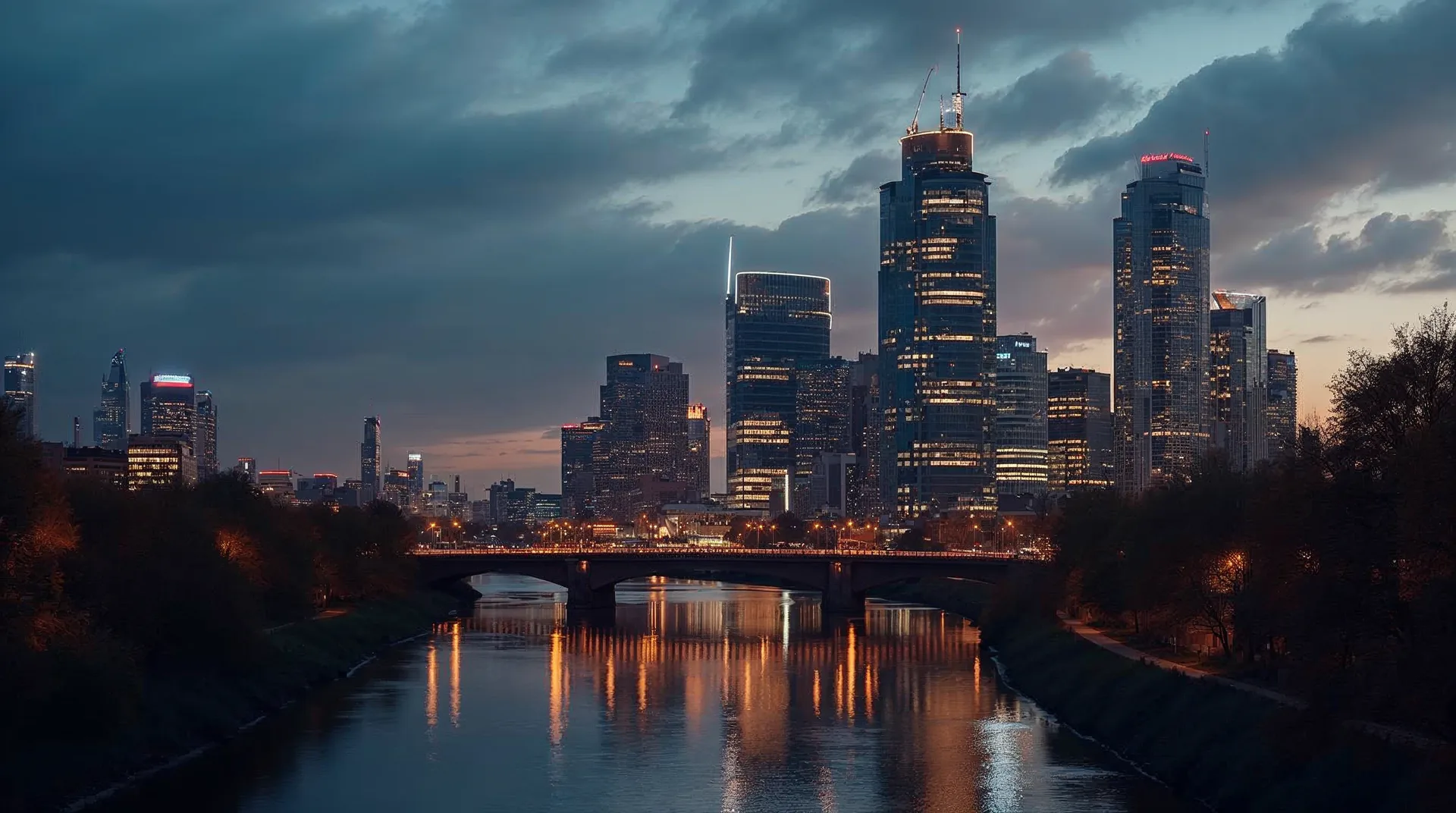 Moderne skyline van Warschau in de schemering met verlichte wolkenkrabbers.