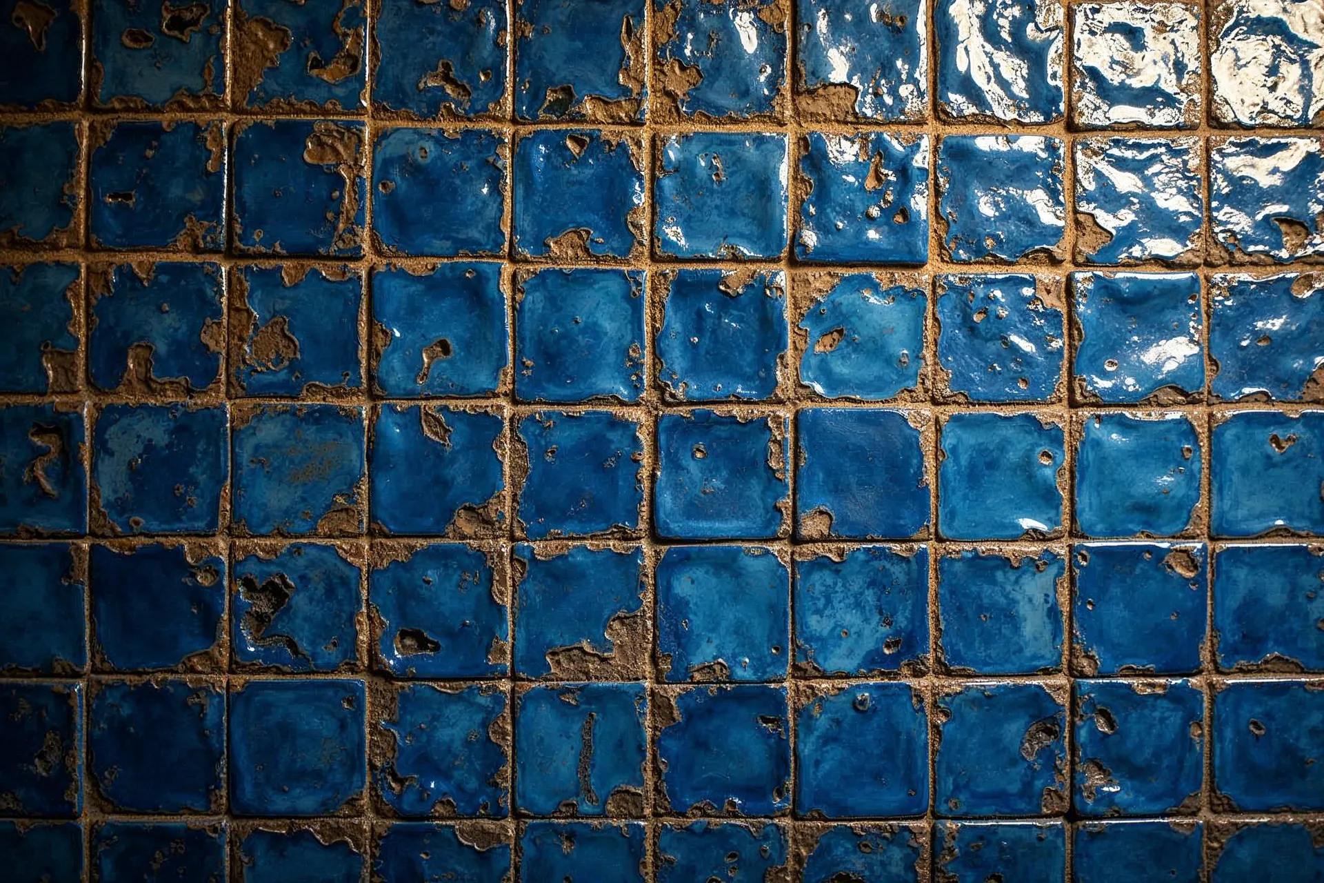 Blå azulejo-fliser med traditionelt mønster på en husvæg i Portugal.