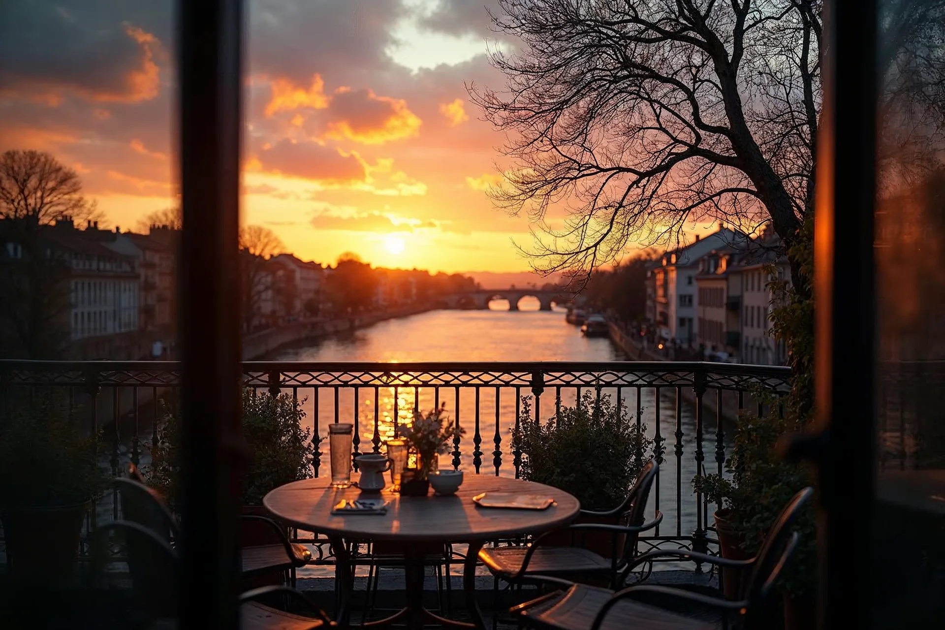 Udsigt fra en terrasse til en flod ved solnedgang i Portugal.