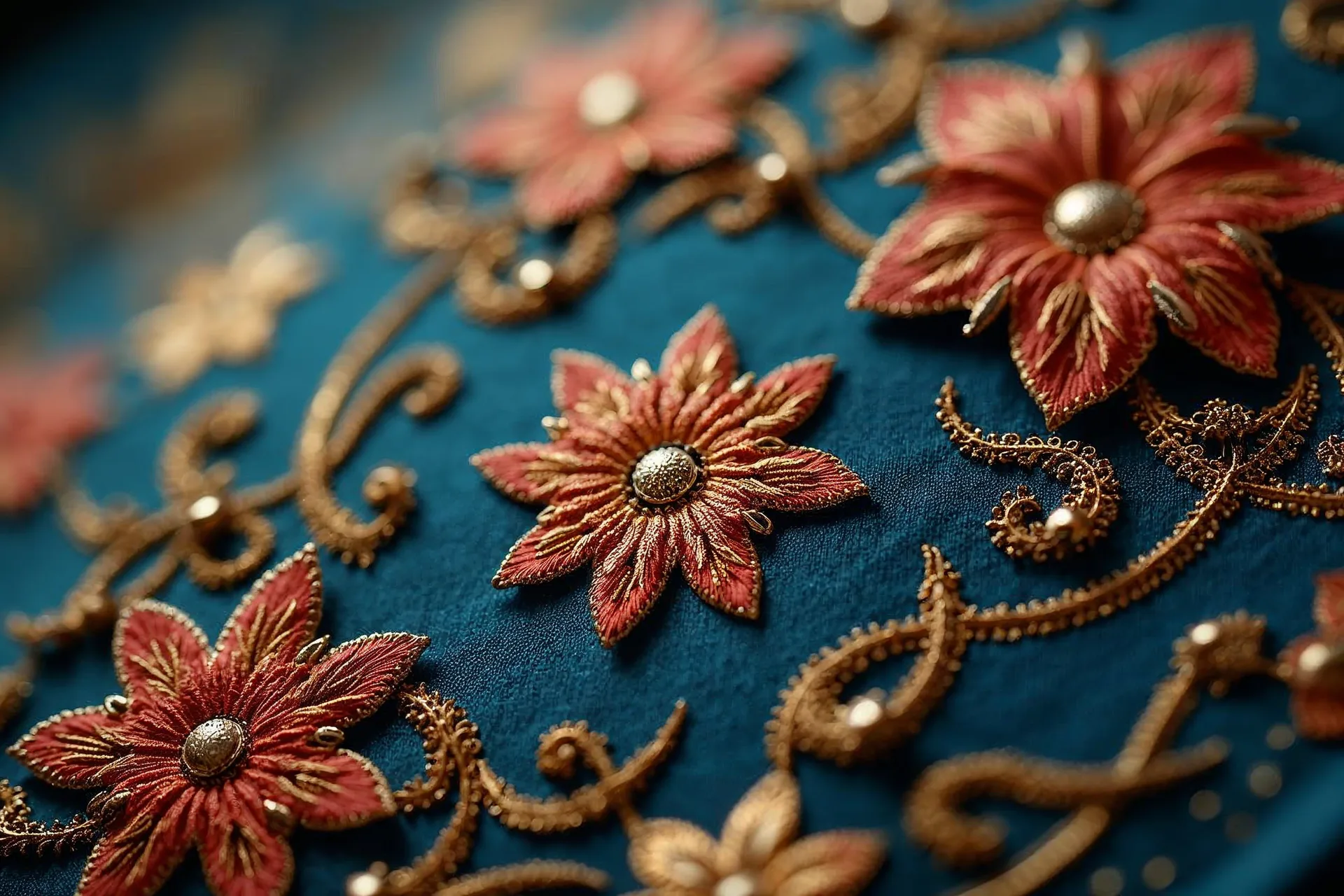 Rumeenia tikandimustri detail värviliste lillemotiividega.