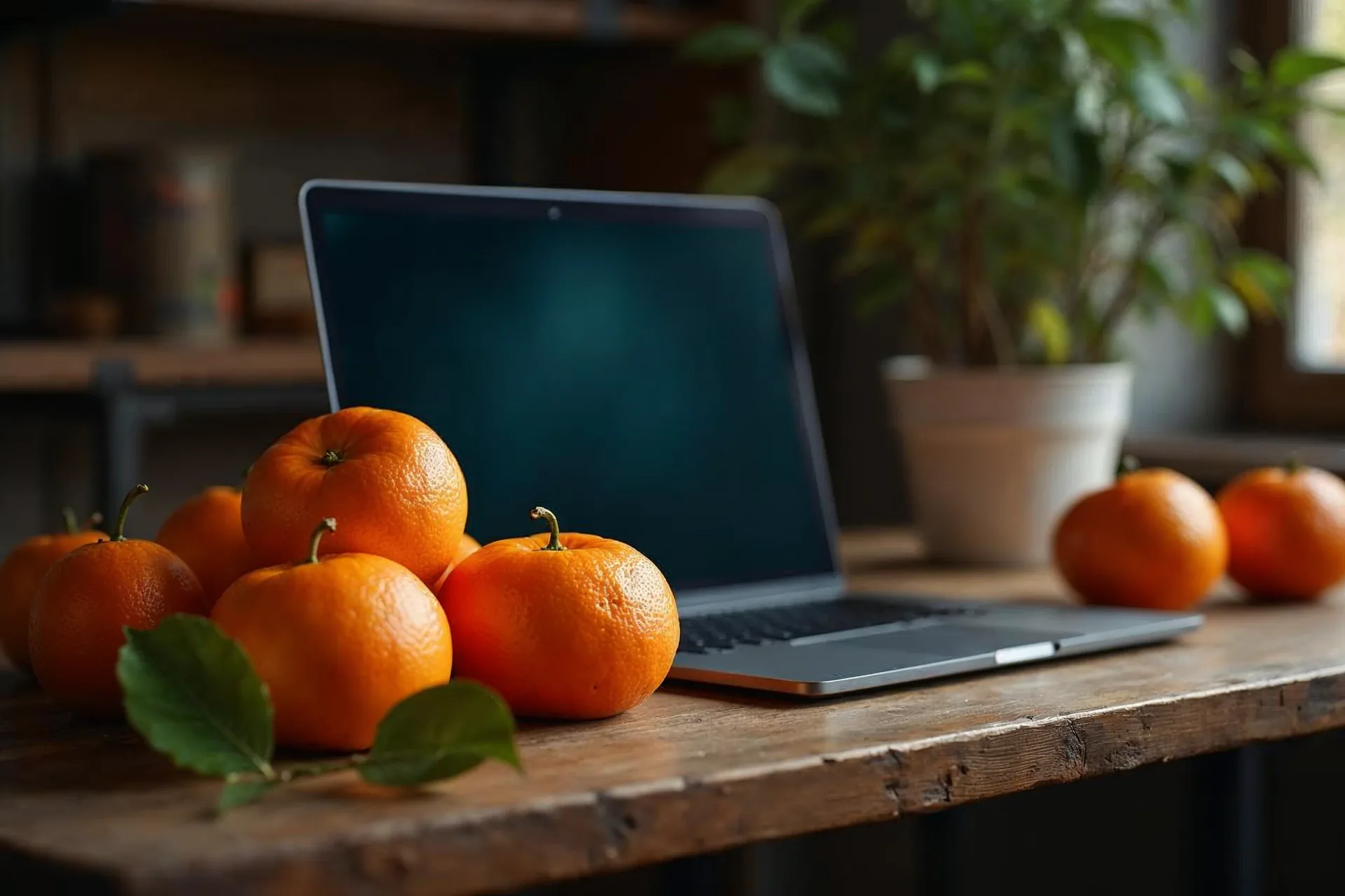 Narancsok és laptop rusztikus faasztalon spanyol hangulattal.