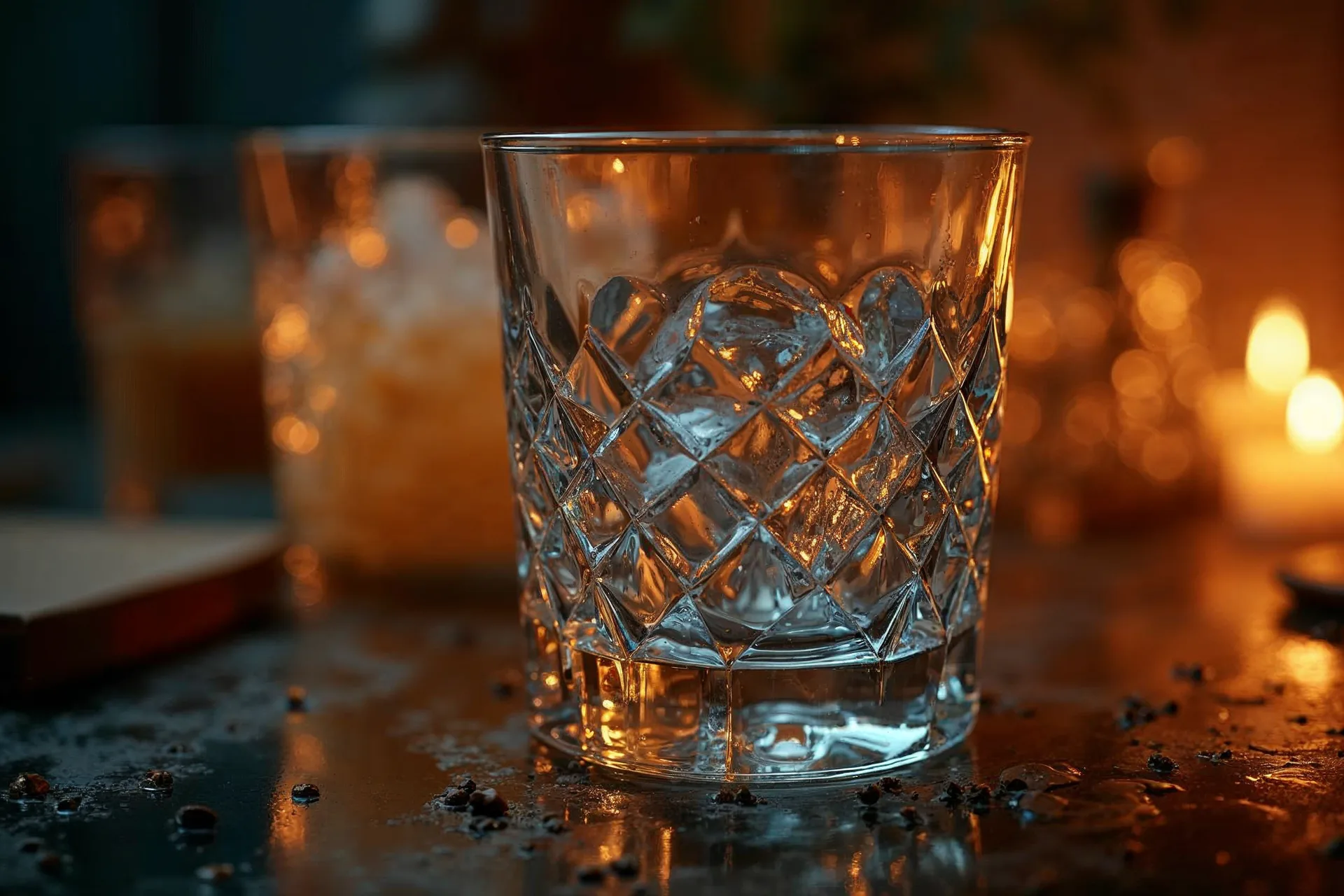 Detalle de un vaso de cristal bohemio con finos grabados.