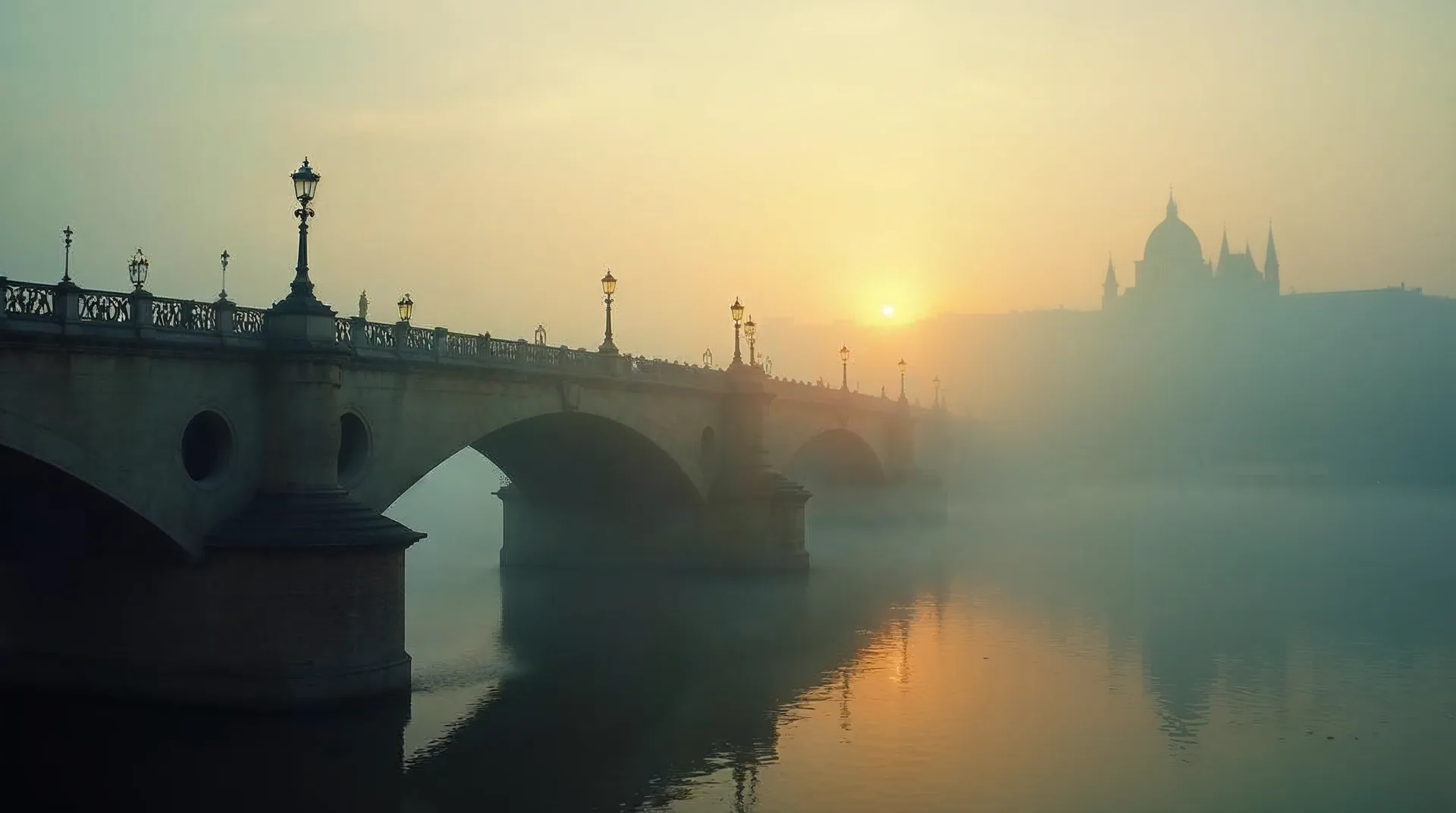 Praga con sus puentes en la niebla matutina sobre el Moldava.