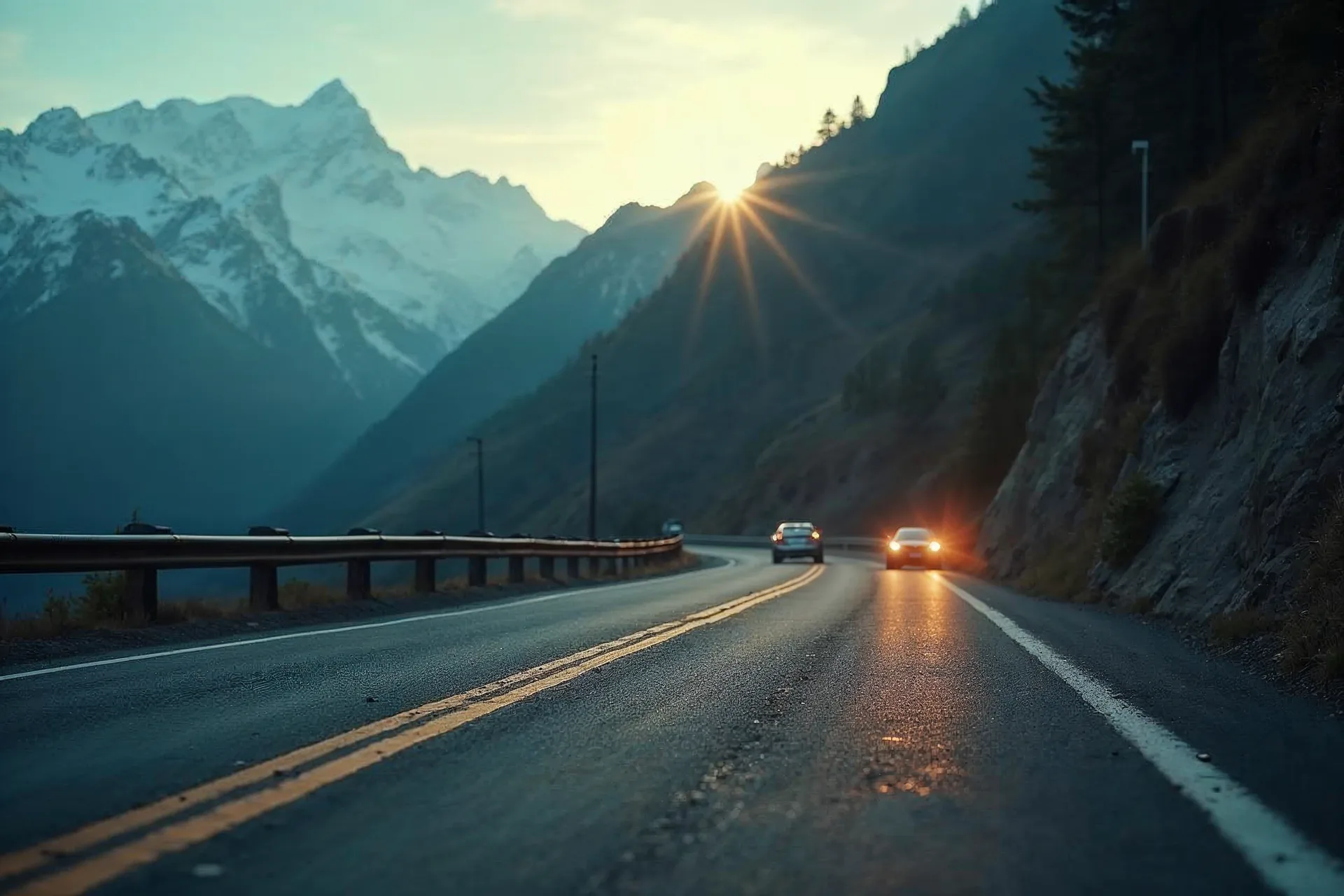 Guardrails on a winding mountain road secure the roadway.