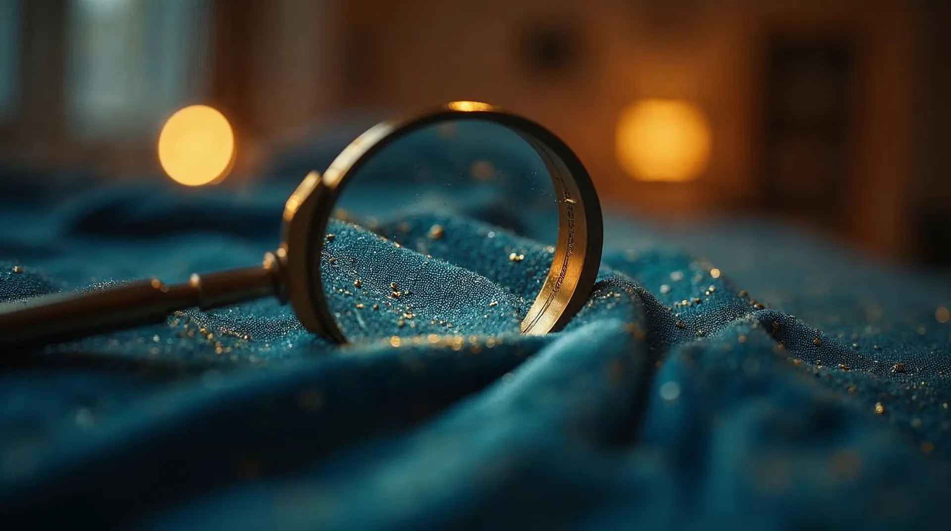 Quality control magnifying glass over fabric, assesses translation quality.