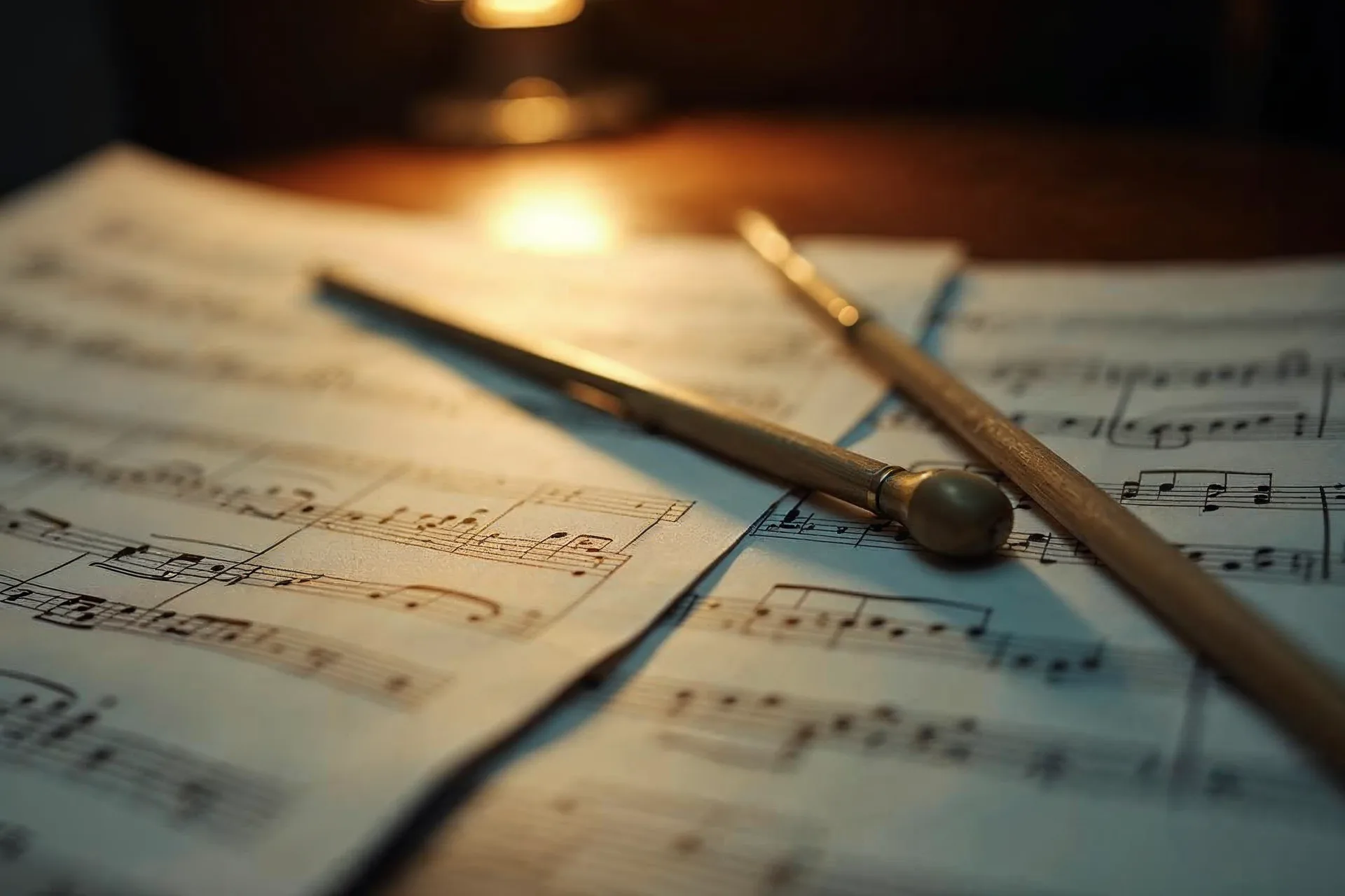 Dirigentská taktovka na notovém listu, orchestrující dodržování stylového průvodce.