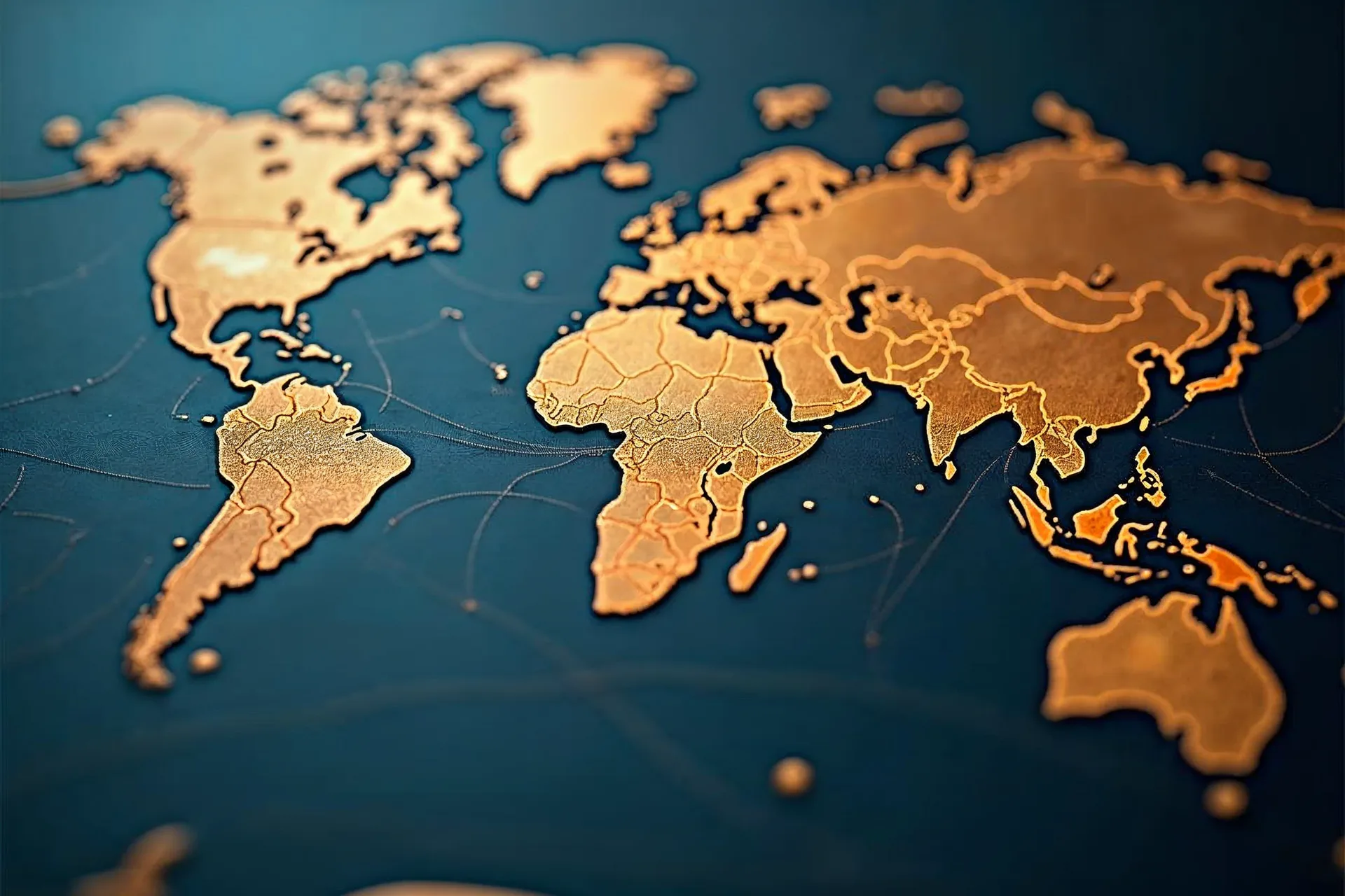 Mapamundi con líneas que conectan diferentes países para señales lingüísticas globales.