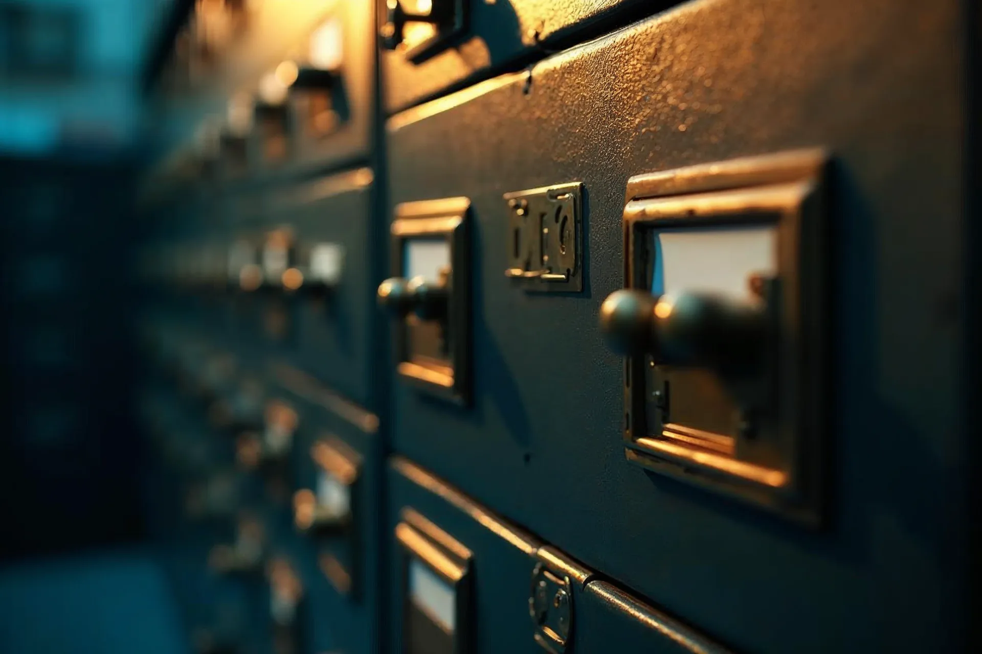 Primer plano de cajones de archivo, ordenados y etiquetados para almacenamiento de datos.