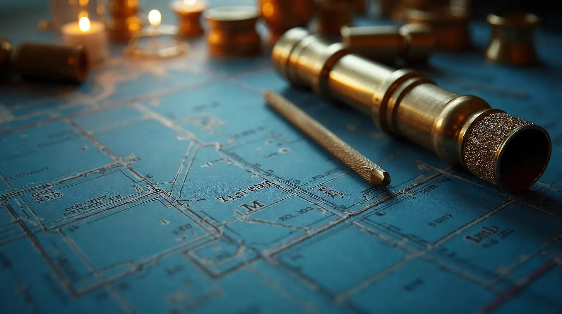 Plano de arquitectura con herramientas en latón muestra la estructura de información.