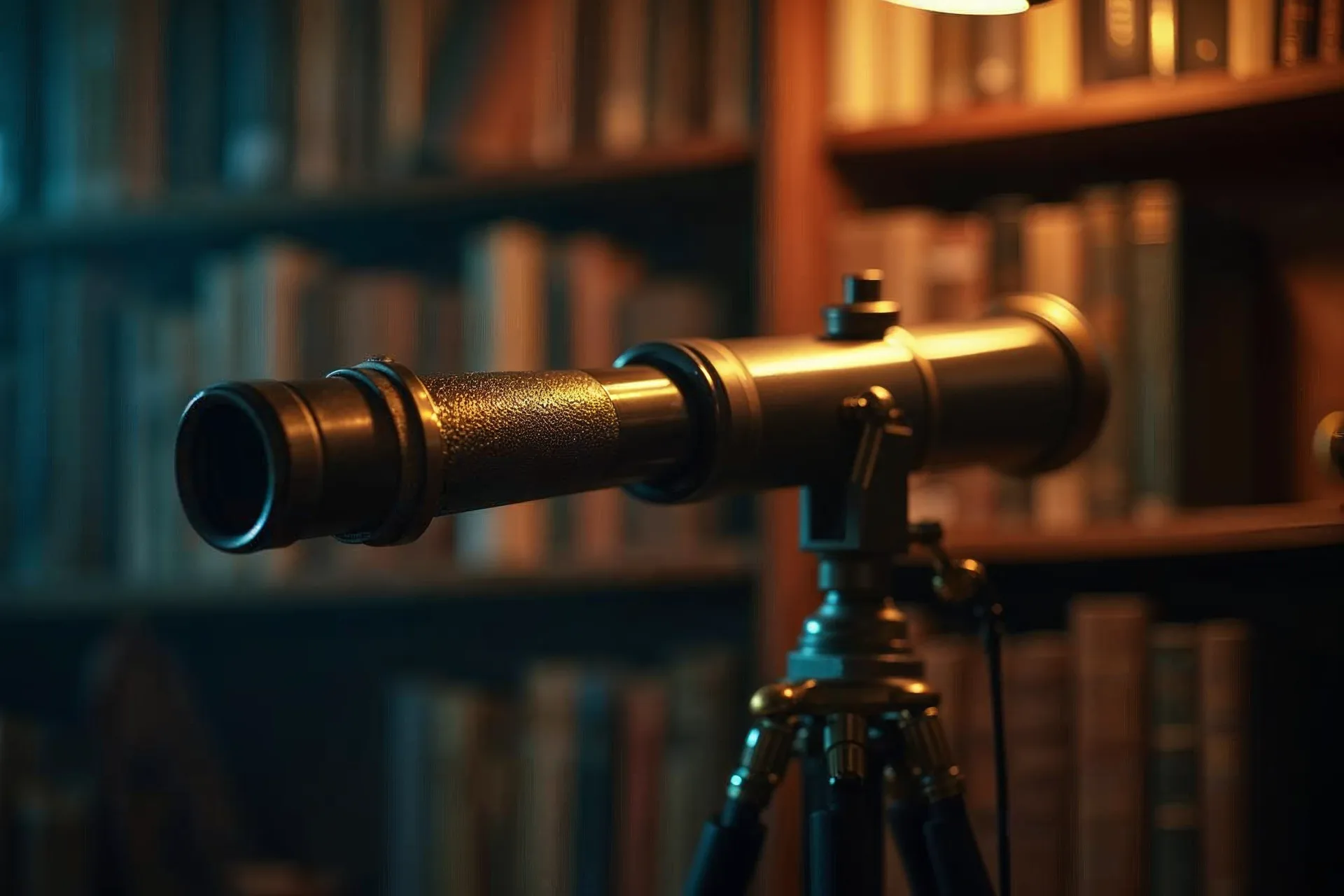 Telescopio dirigido a una estantería que simboliza la búsqueda precisa de información.