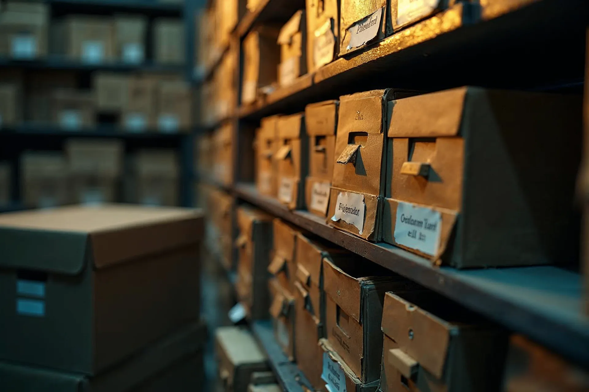Organizované archivní boxy s etiketami znázorňující strukturované mapy webu.