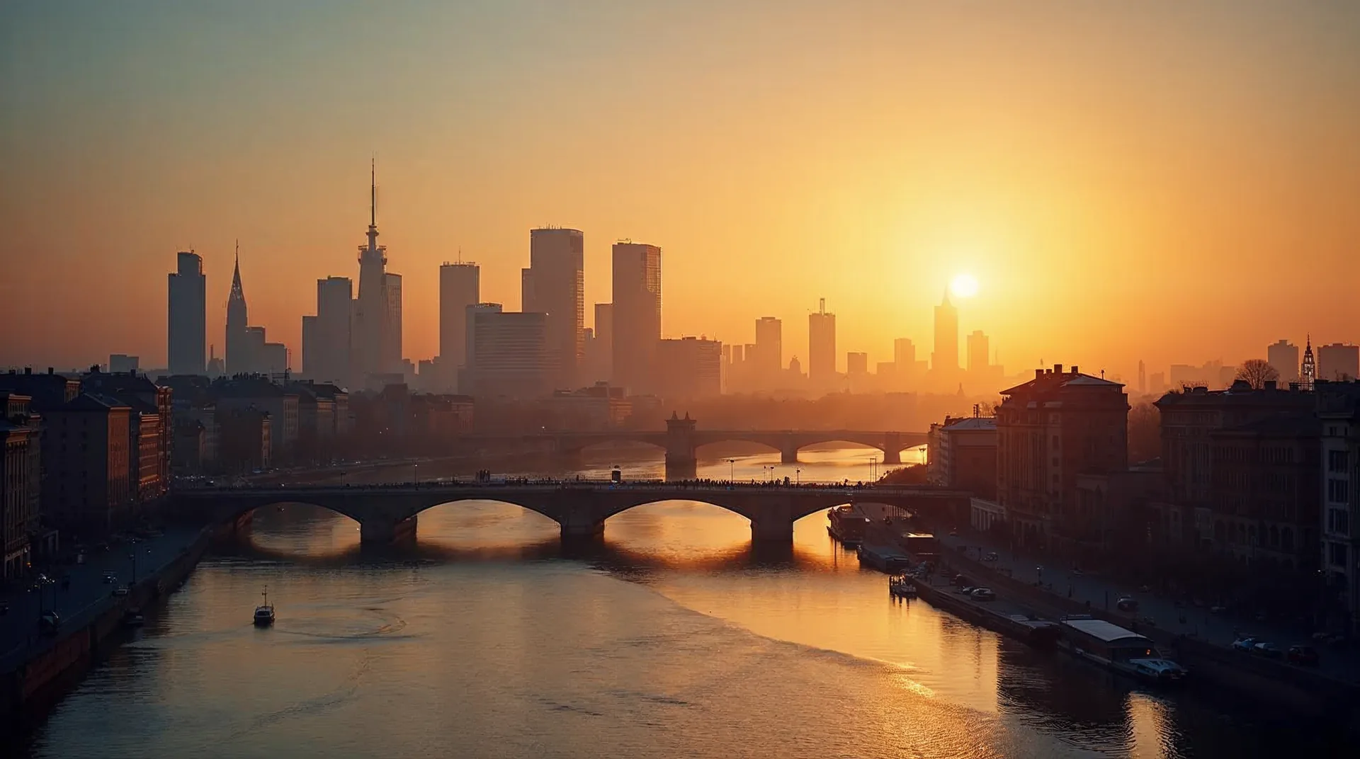 Frankfurtské panorama během zlaté hodiny s odrazem v Mohanu