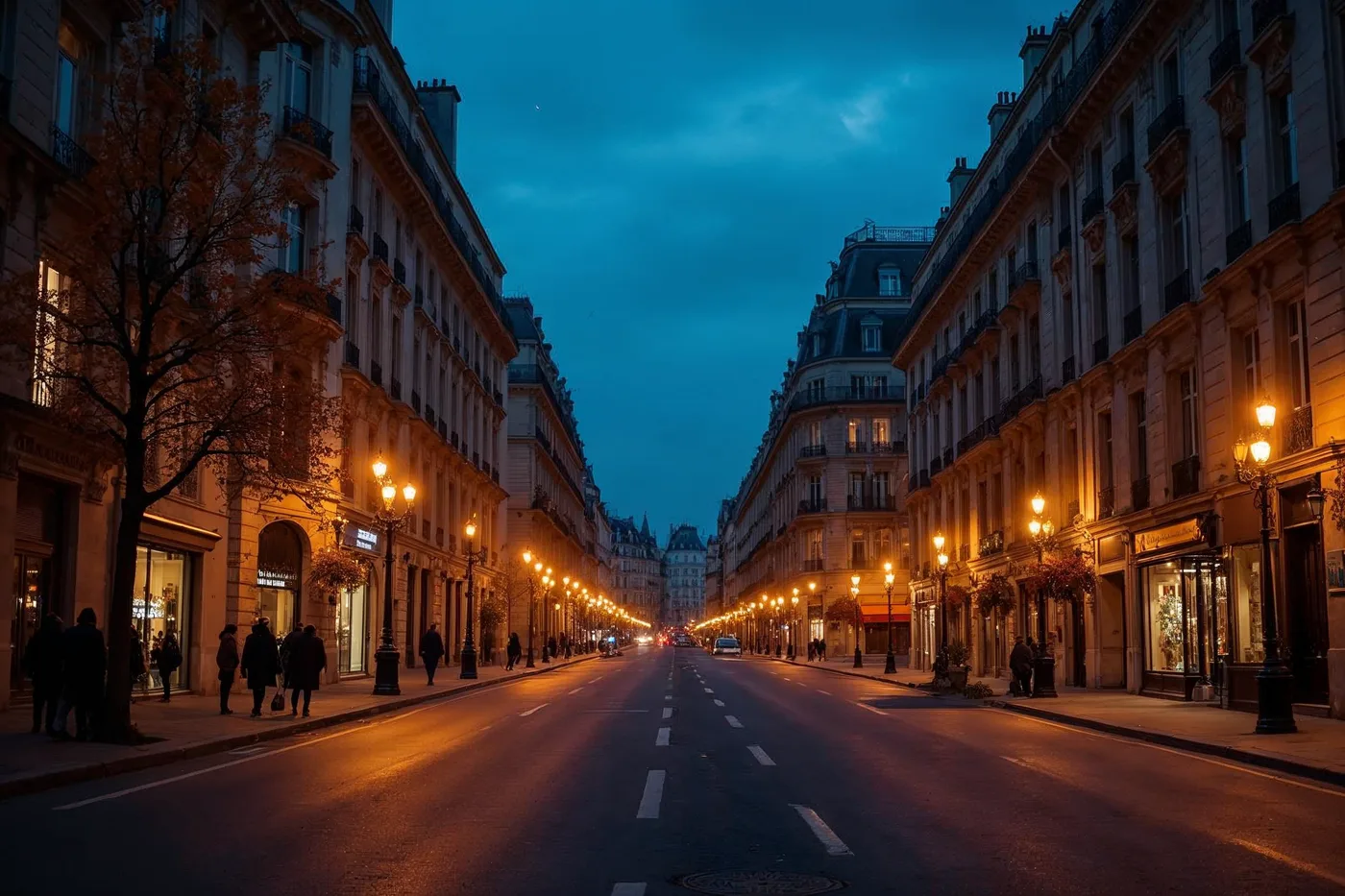 Élégante vue urbaine française au crépuscule, ambiance premium apaisante