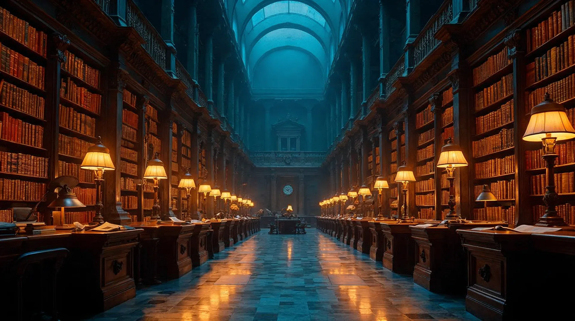 Historische Bibliothekshalle mit Messing-Leselampen in der Dämmerung