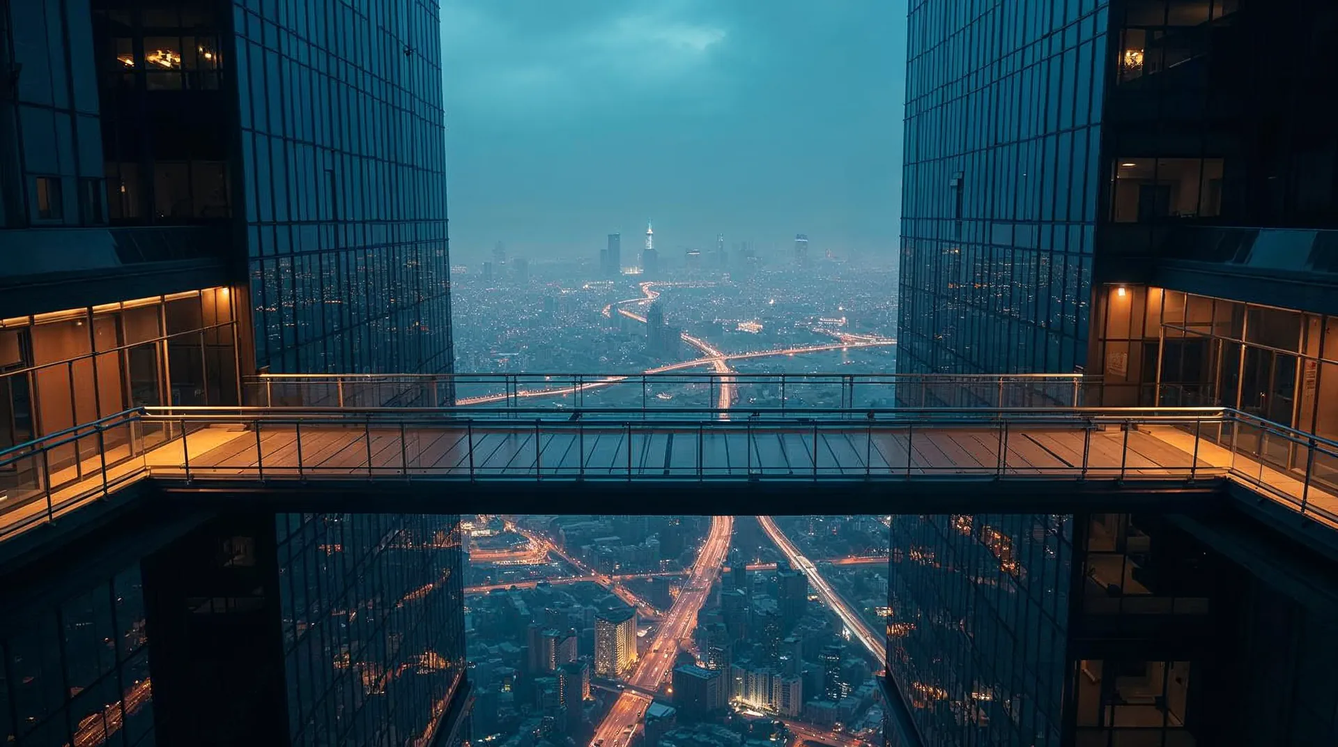 Gläserne Skywalk-Brücke über nächtlichem Lichtermeer