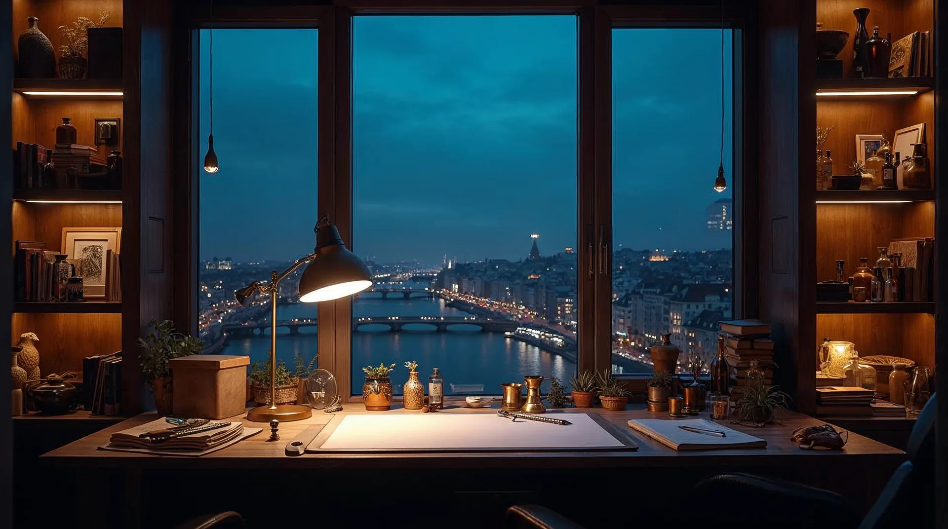 Design-Atelier in der Dämmerung mit Panoramafenster zur Stadt
