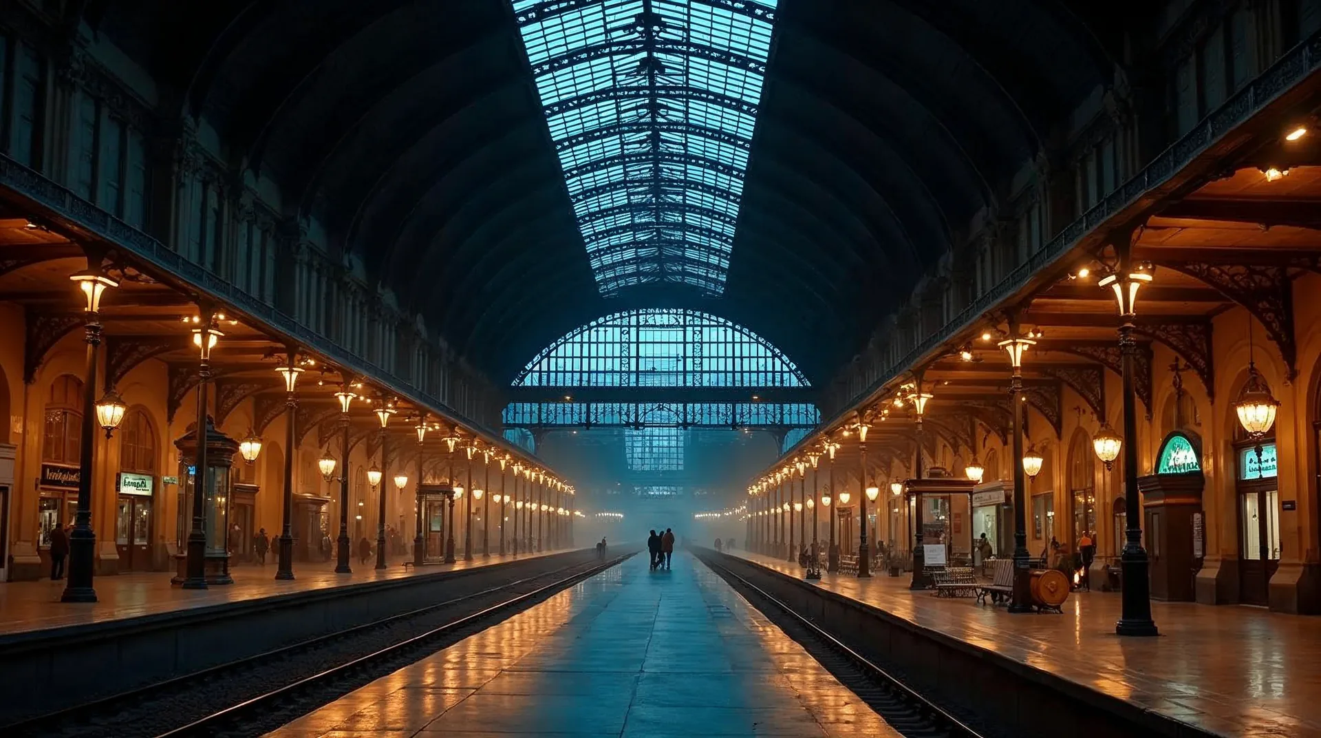 Große europäische Bahnhofshalle bei Nacht