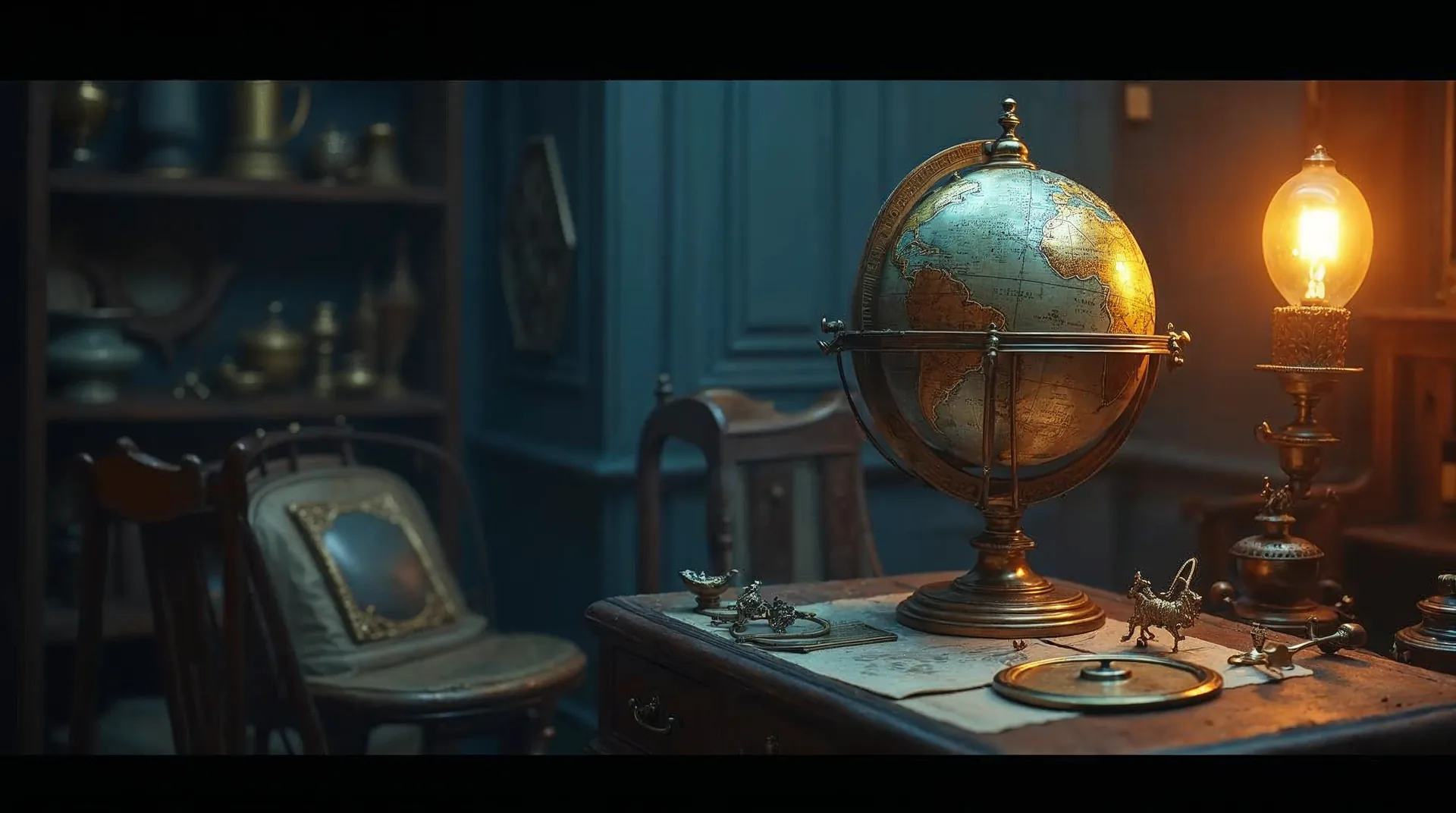 Vergoldeter Globus mit Navigationsinstrumenten im Studierzimmer