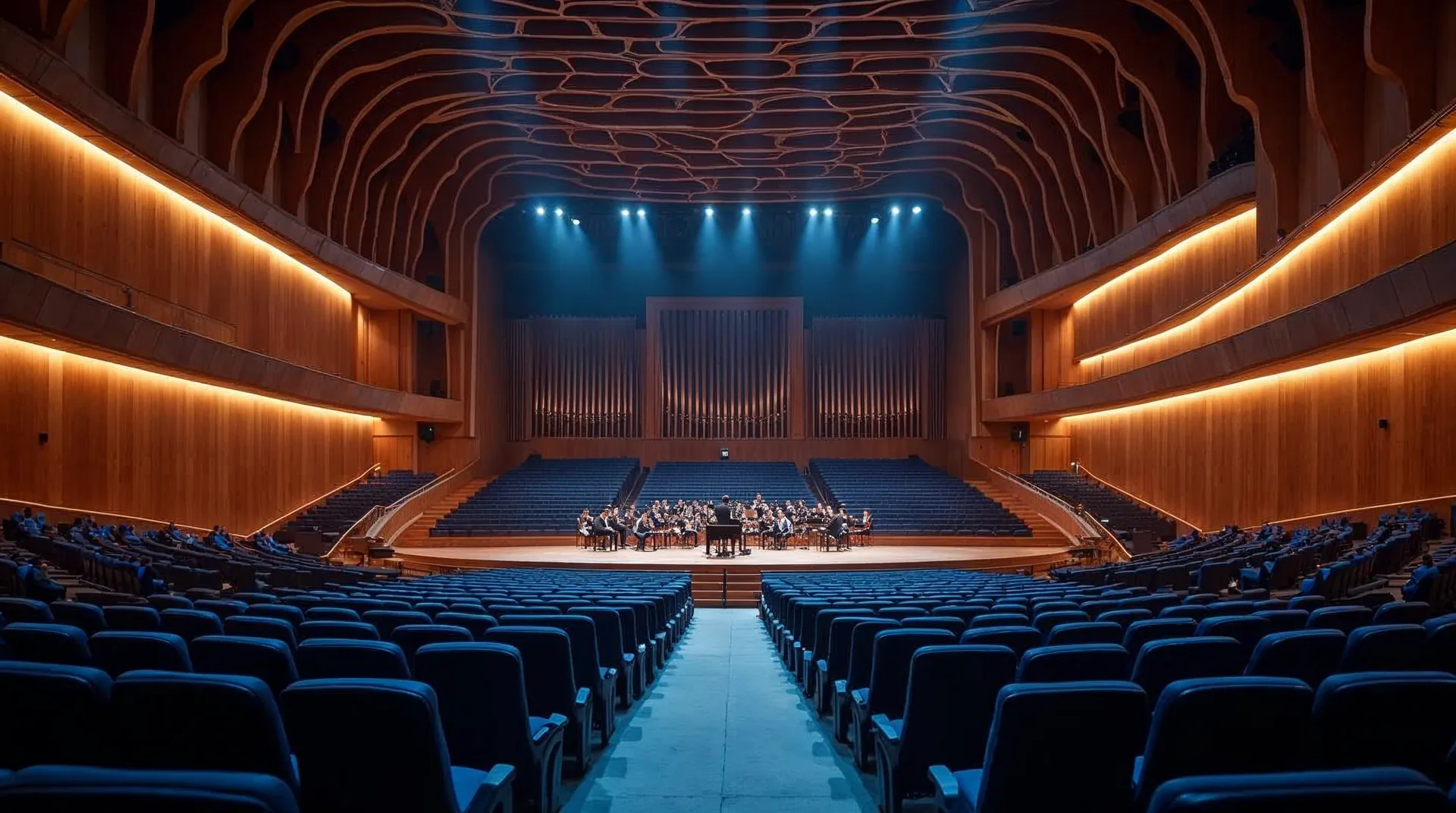Moderner Konzertsaal mit fließenden Holzkurven in Blau und Gold
