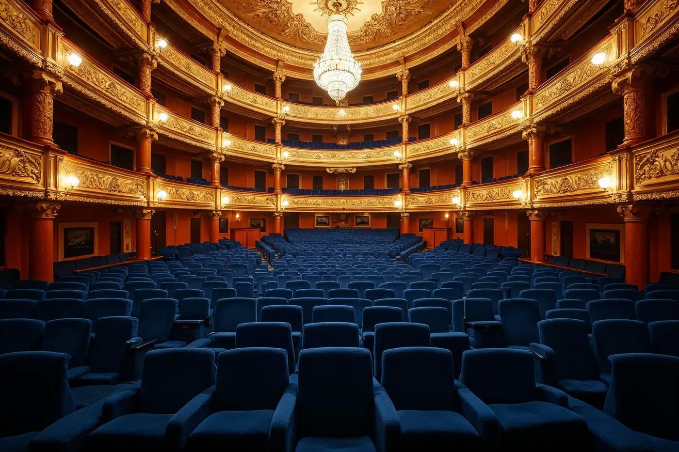 Teatro elegante con asientos de terciopelo azul y balcones dorados
