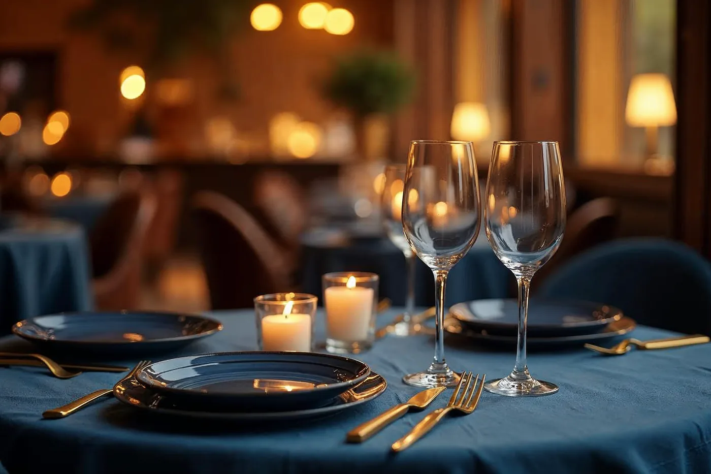 Elegantně prostřený restaurační stůl při svíčkách