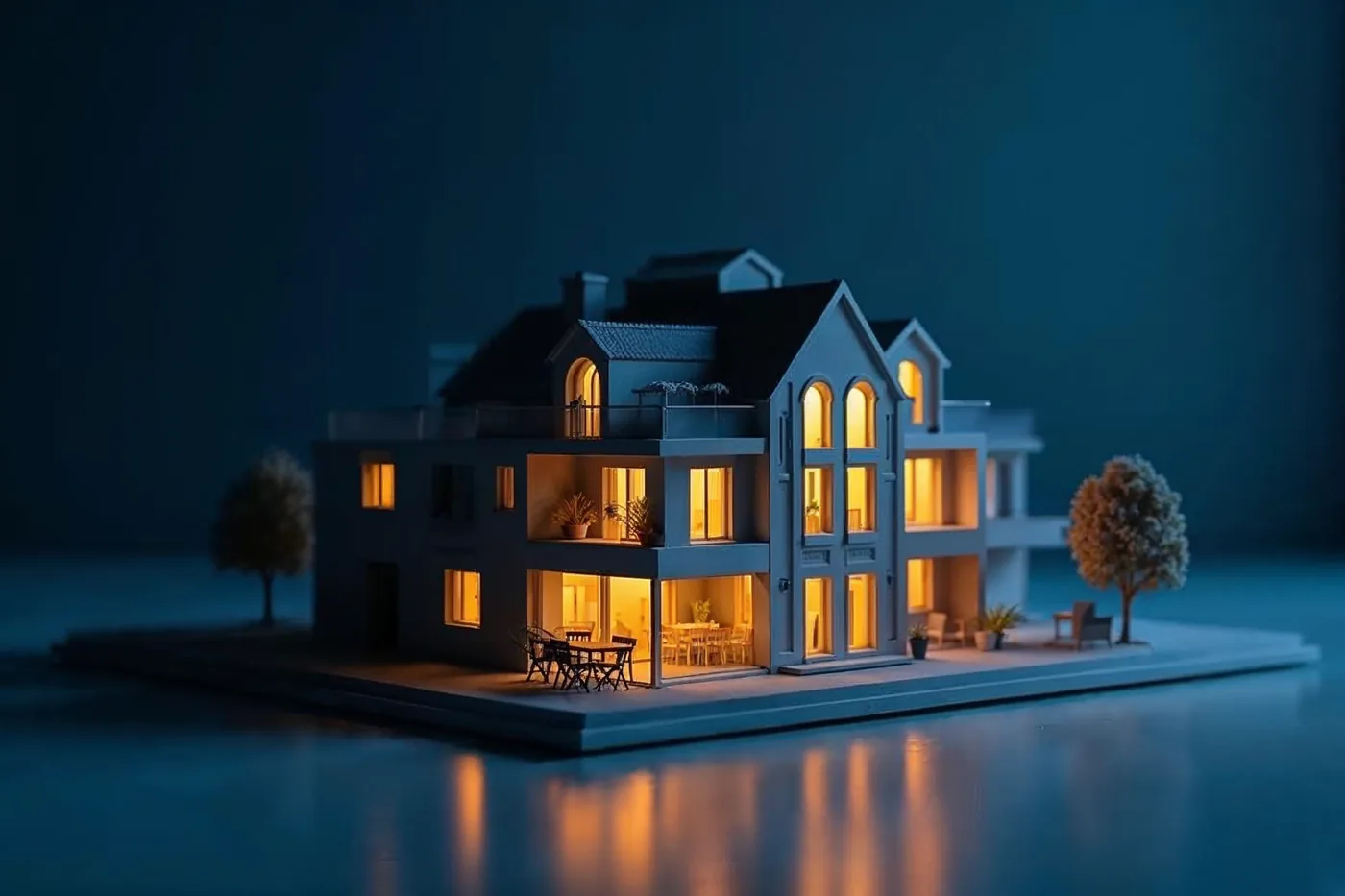 Architektonický model obytné budovy s zářícími okny