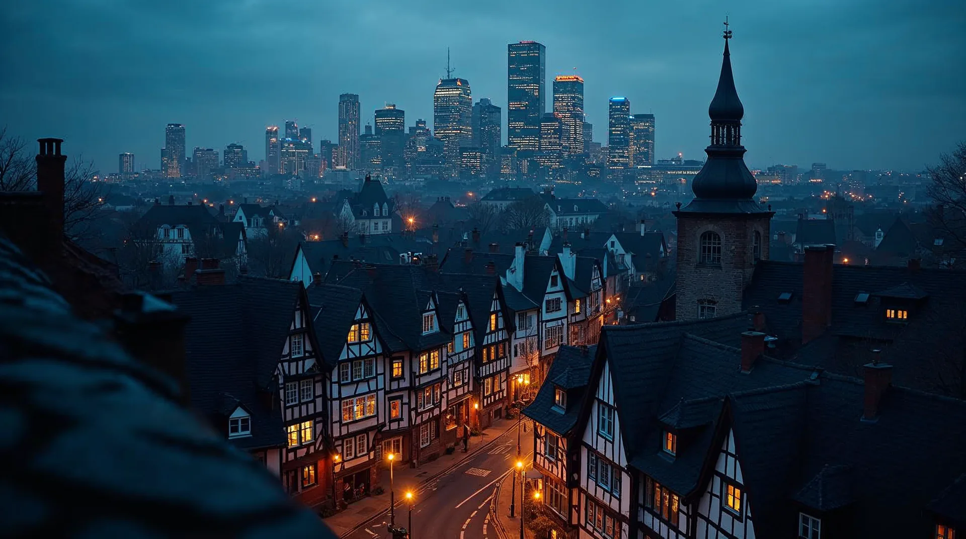 Frankfurter Römerberg mit moderner Skyline in der Abenddämmerung