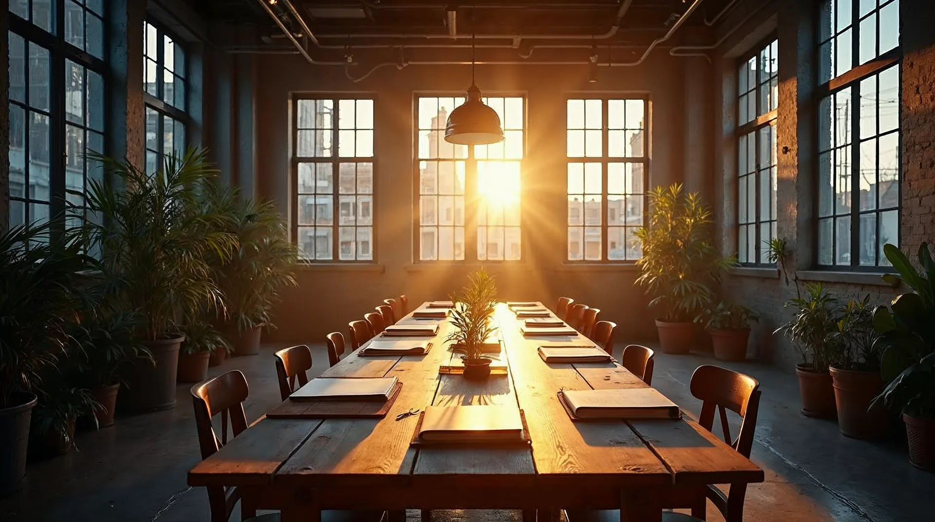 Světlý loft s dubovým stolem v ranním světle