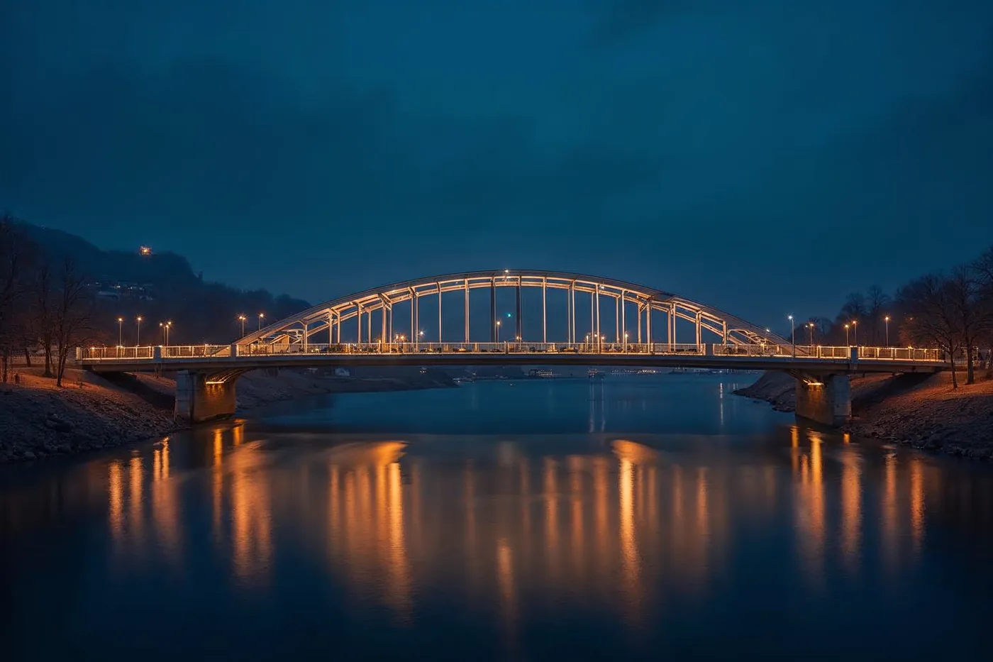 Moderne beleuchtete Fußgängerbrücke über dunklem Wasser bei Nacht