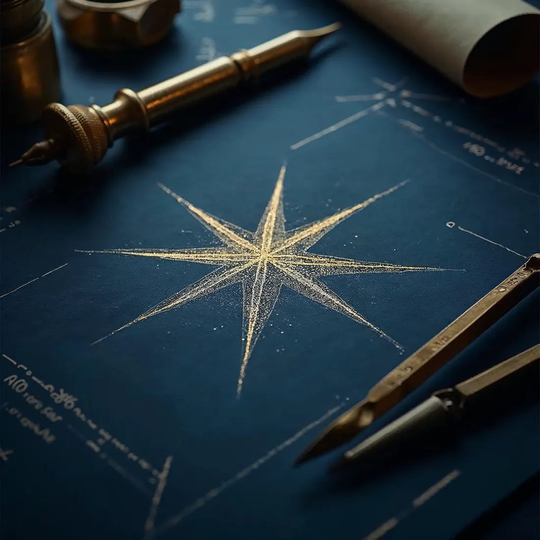 Zirkel und geometrische Goldzeichnung auf blauem Papier – Planungsphase